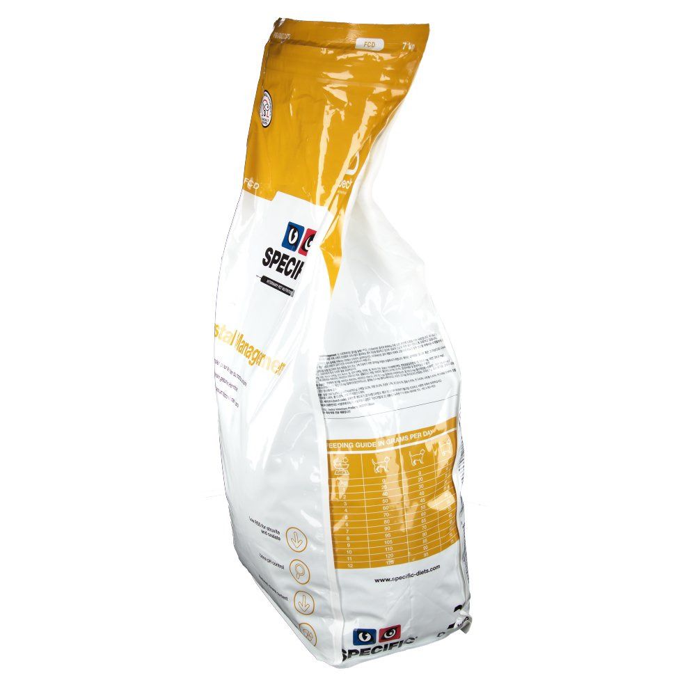 Ansicht der Seite eines Beutels Tierfutter. Gelb-weiße Verpackung. Textinformationen und Logo SPECIFIC.