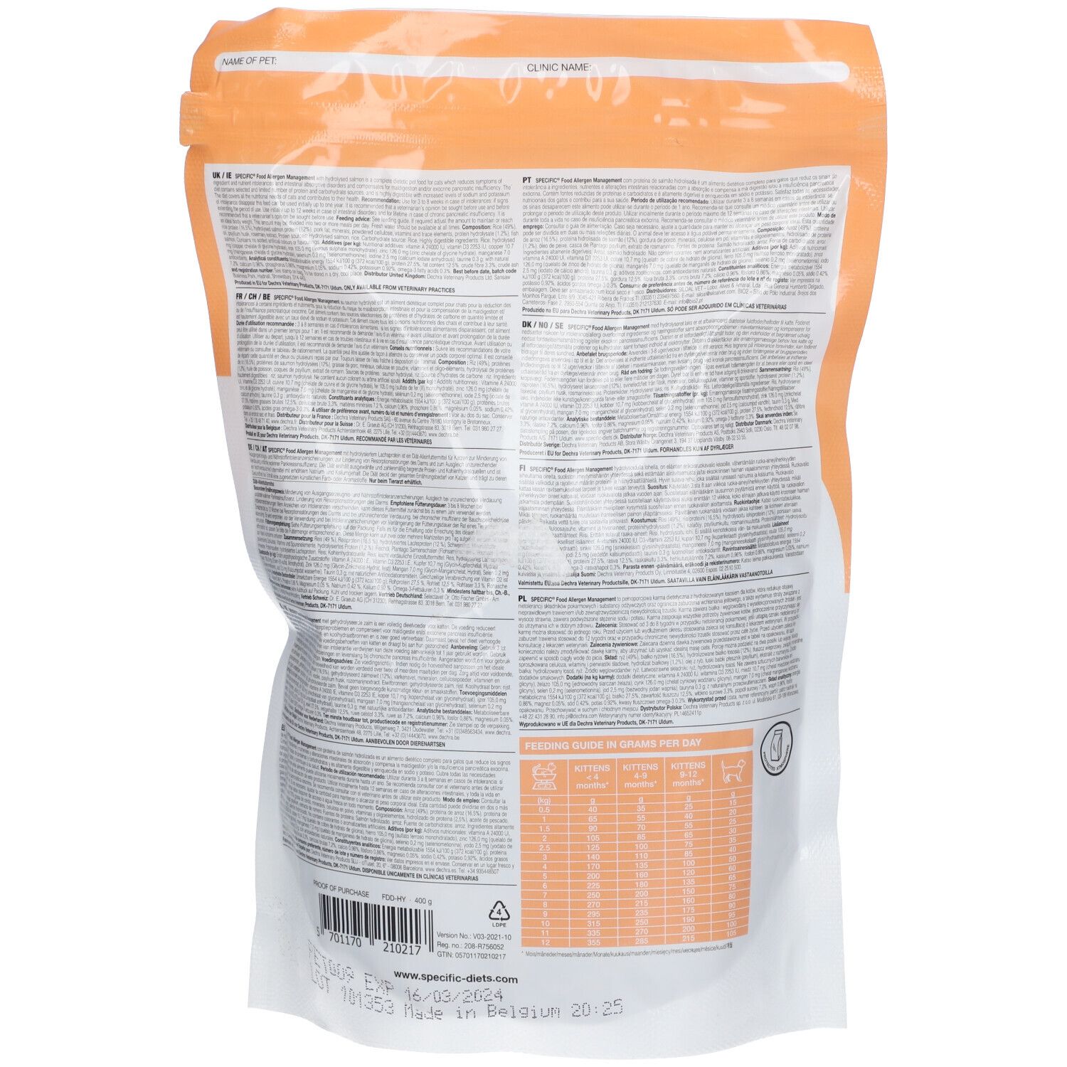 Verpackung mit Text und Barcode. Aufdruck: www.specific-diets.com, Made in Belgium.