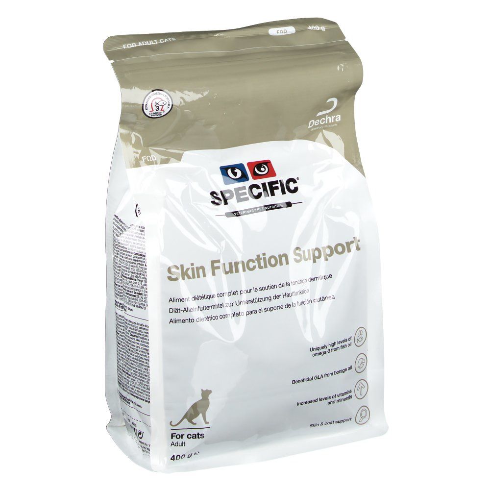 Beutel mit Katzenfutter. Aufschrift: SPECIFIC Skin Function Support. Für erwachsene Katzen. 400 g.