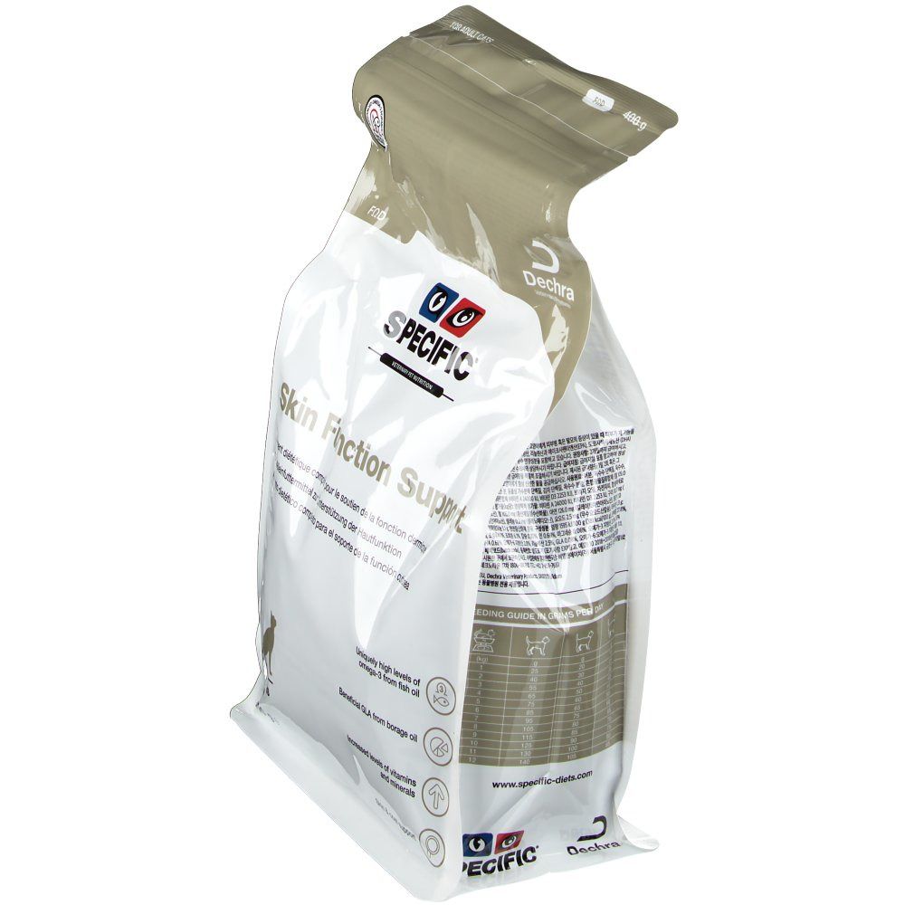 Beutel mit Katzenfutter, schräg von der Seite. Aufschrift: SPECIFIC Skin Function Support. Dechra Logo.