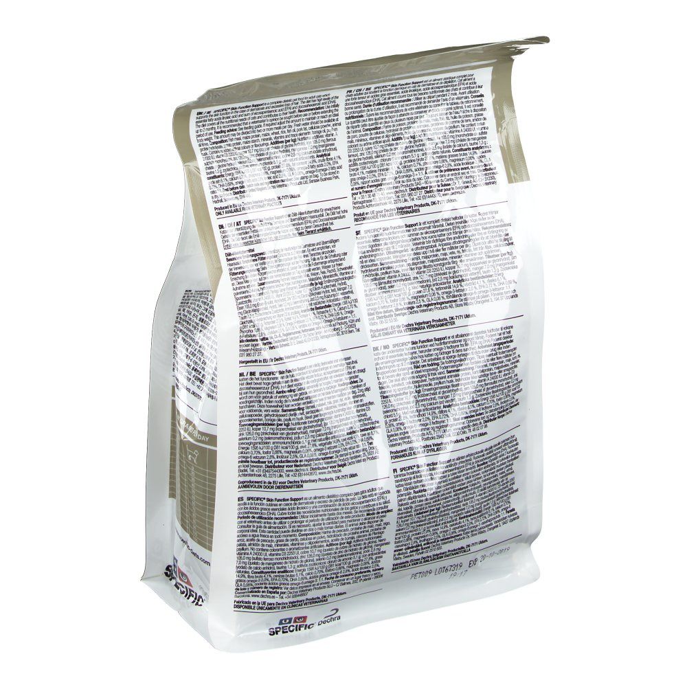 Rückseite eines Katzenfutterbeutels. Text in mehreren Sprachen. Dechra Logo.