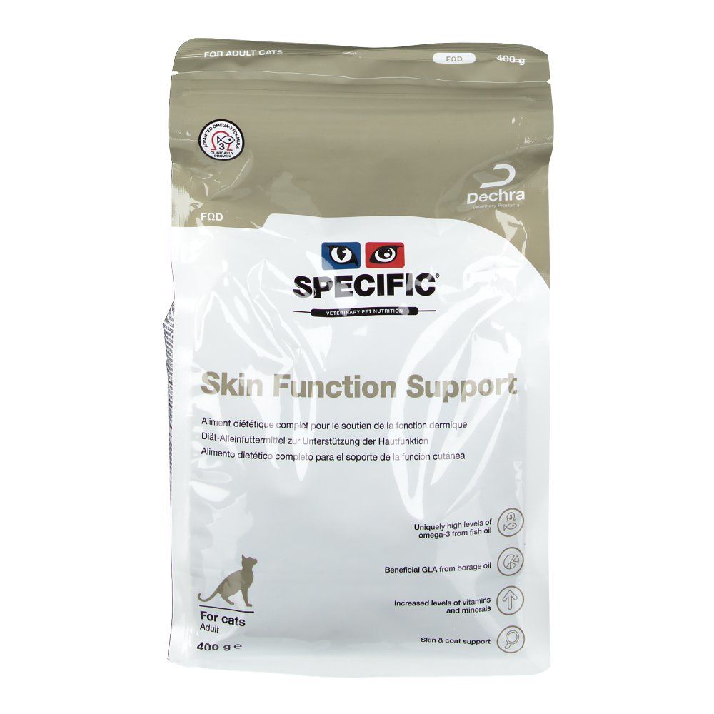 Beutel mit Katzenfutter. Aufschrift: SPECIFIC Skin Function Support. Für erwachsene Katzen. 400 g. Dechra Logo.