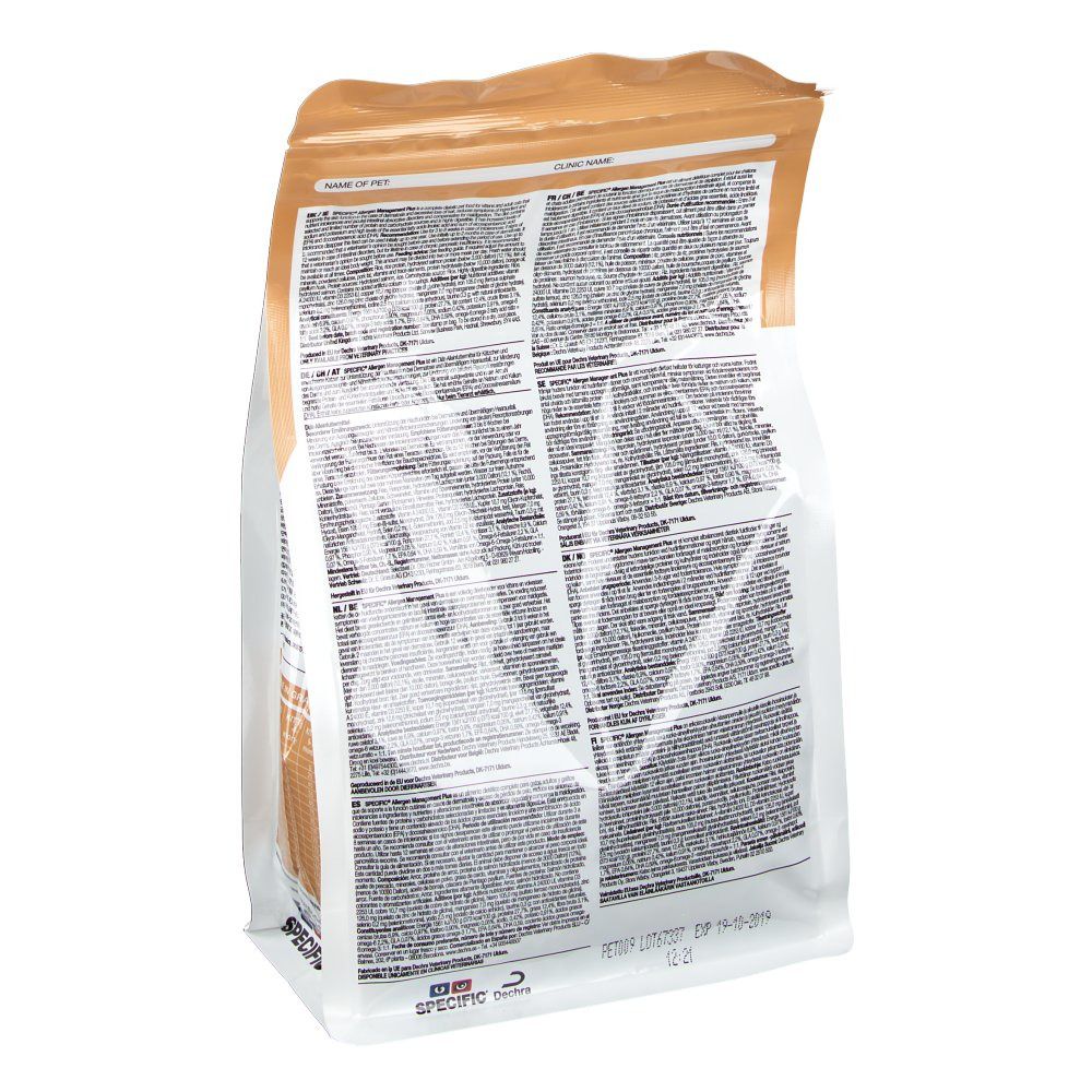 Rückseite des Beutels SPECIFIC Allergen Management Plus. Textinformationen auf weißem Hintergrund. Dechra Logo.