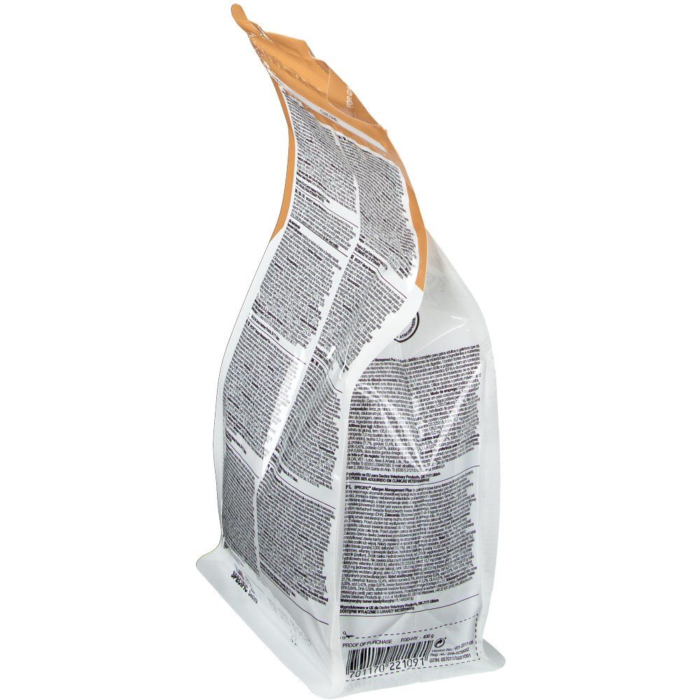 Schräg stehender Beutel SPECIFIC Allergen Management Plus. Rückseite mit Text. Dechra Logo. Weiß-braune Verpackung.