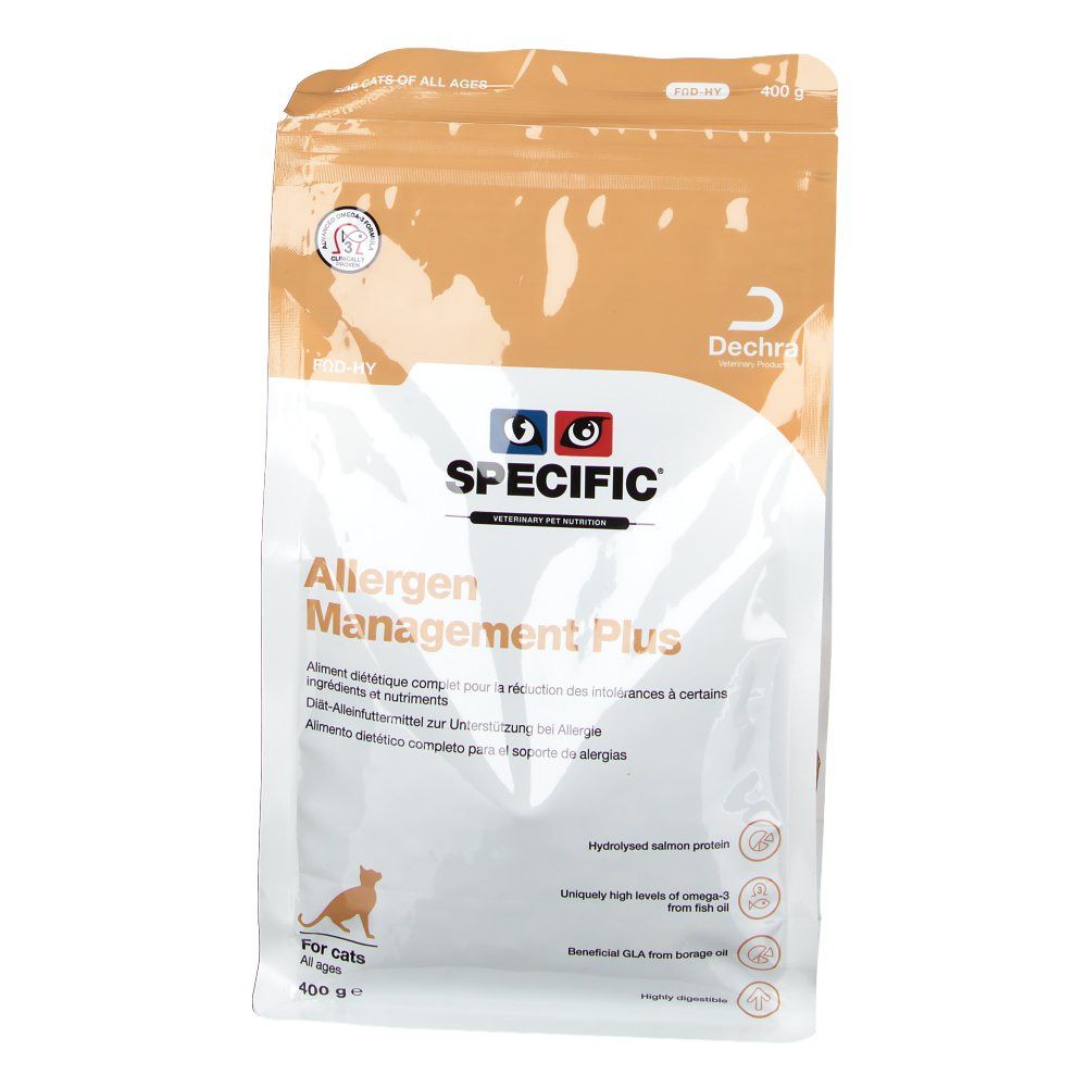 Beutel SPECIFIC Allergen Management Plus für Katzen. Weiß-braune Verpackung mit Produktinformationen und Logo. 400g.