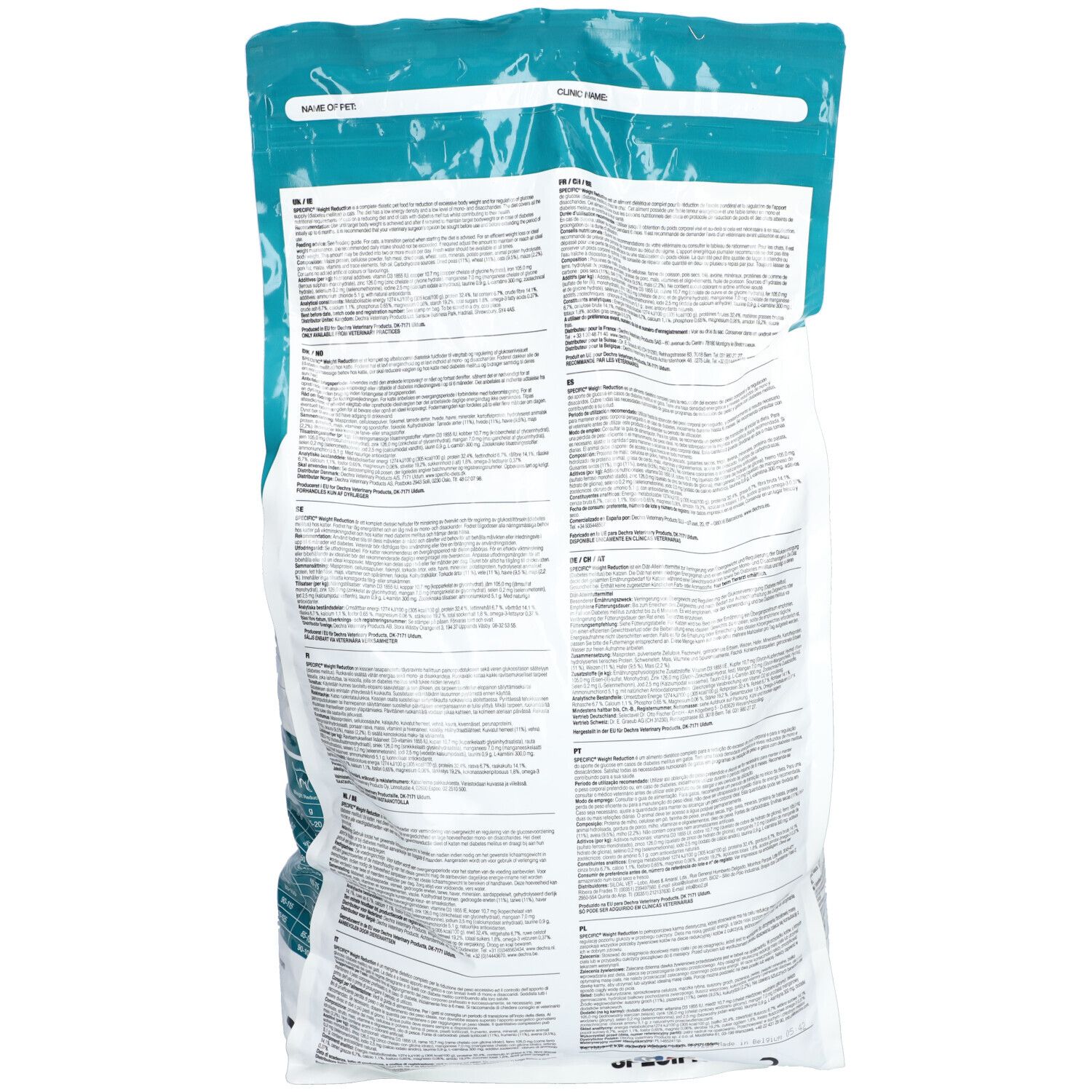 Rückseite des SPECIFIC FRD Weight Reduction Katze Beutels. Text in mehreren Sprachen. Transparenter Bereich.