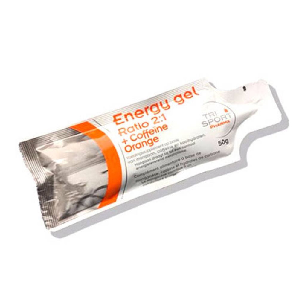 Emballage individuel de gel énergétique. Inscription: Ratio 2:1 + Caféine, Orange. Marque: Trisport Pharma. 50g.