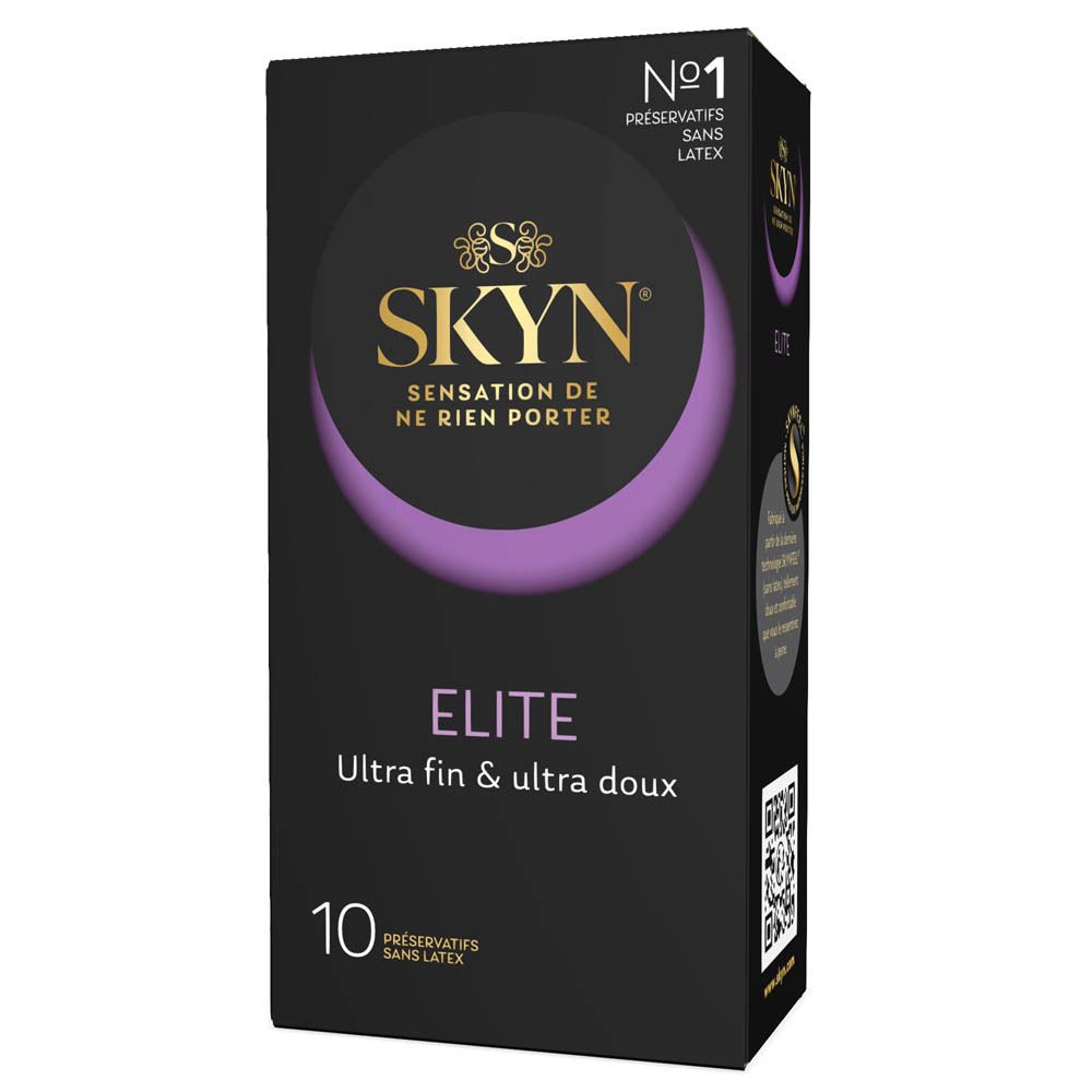 Zwarte verpakking met SKYN-logo en productnaam ELITE. Bevat 10 condooms. Ultra dun en ultra zacht.