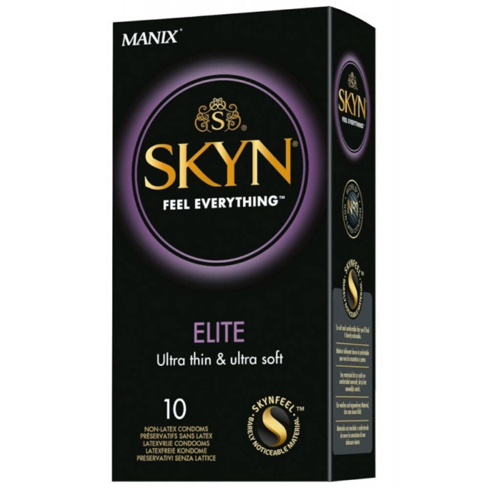 Zwarte verpakking met SKYN-logo en productnaam ELITE. Bevat 10 condooms. Ultra dun en ultra zacht.