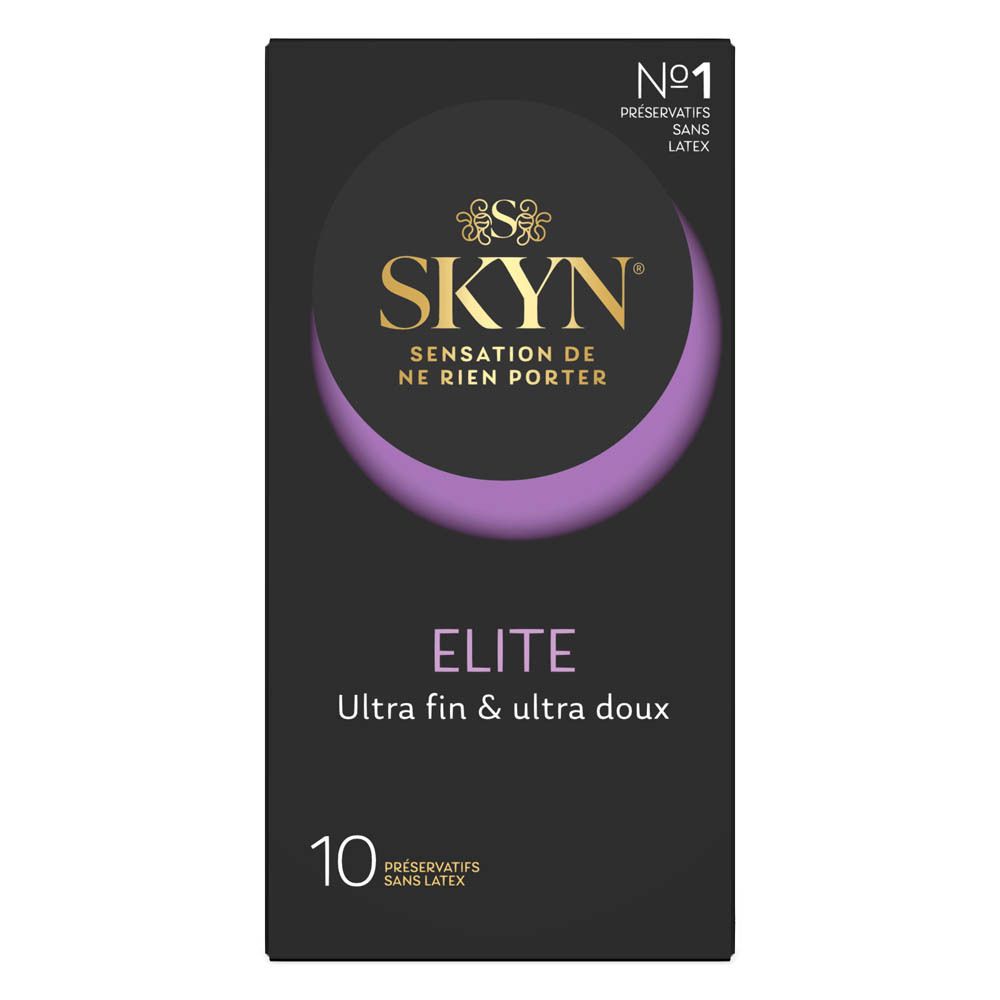 Zwarte verpakking met SKYN-logo en productnaam ELITE. Bevat 10 condooms. Ultra dun en ultra zacht.