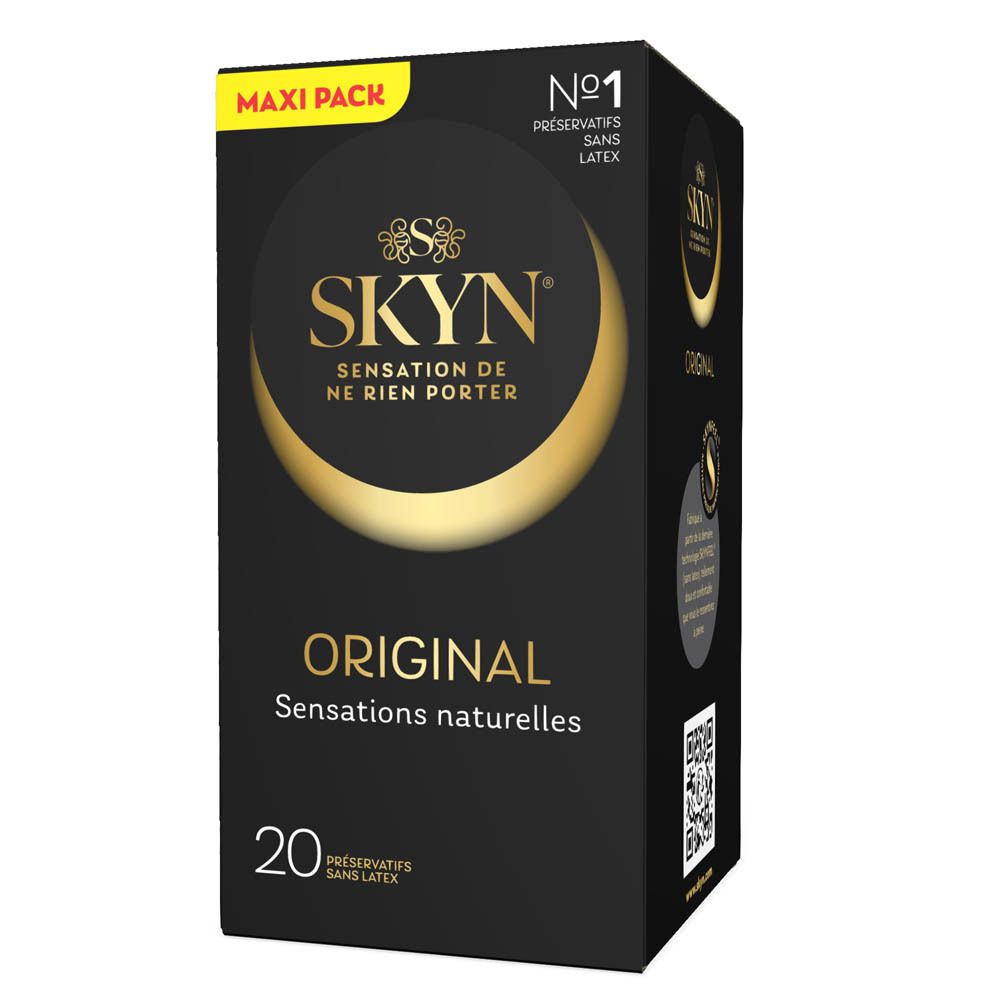 Boîte noire de préservatifs SKYN Original. 20 unités. Texte: Sensation de ne rien porter. Maxi Pack.