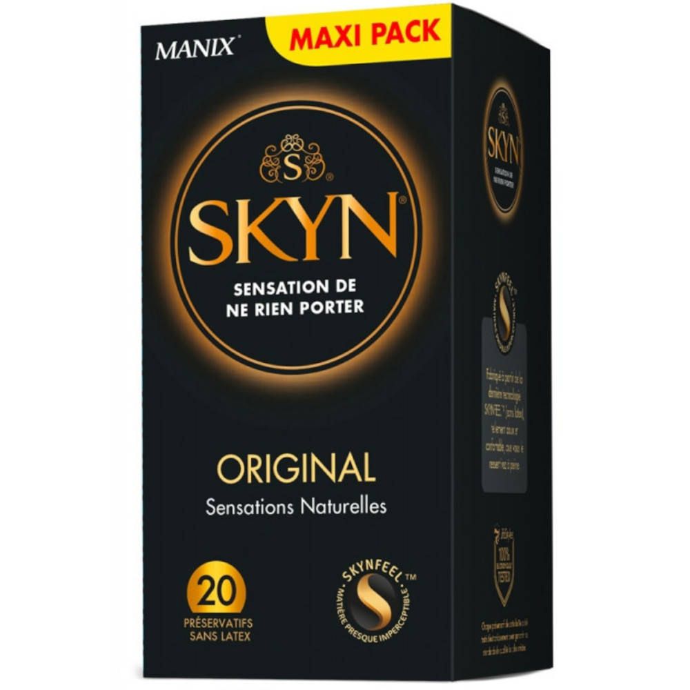 Schwarze Verpackung mit SKYN Original Kondomen. 20 Stück. Maxi Pack. Text: Sensation de ne rien porter.