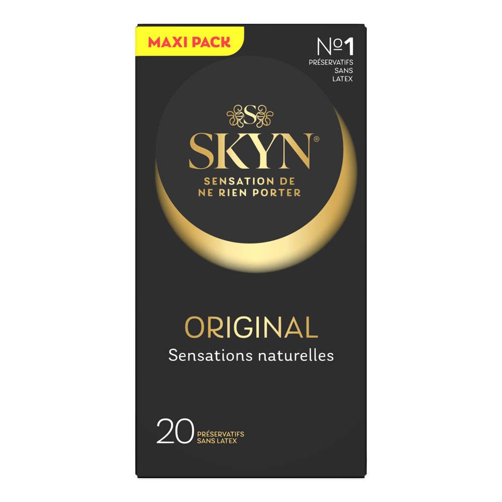 Boîte noire de préservatifs SKYN Original. 20 unités. Texte: Sensation de ne rien porter. Maxi Pack.