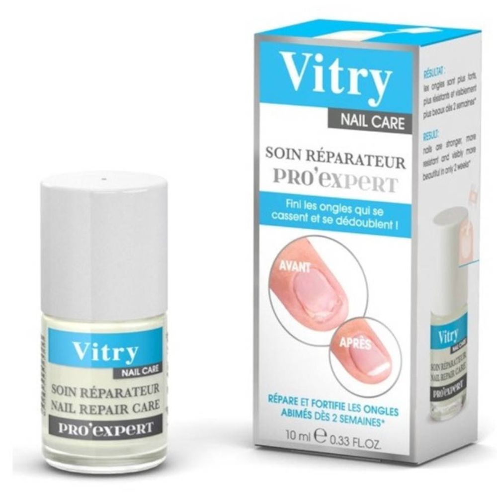 Nagelreparaturpflege mit Verpackung. Flasche mit weißem Deckel, blauem Etikett und Produktnamen. Karton mit Produktabbildung.