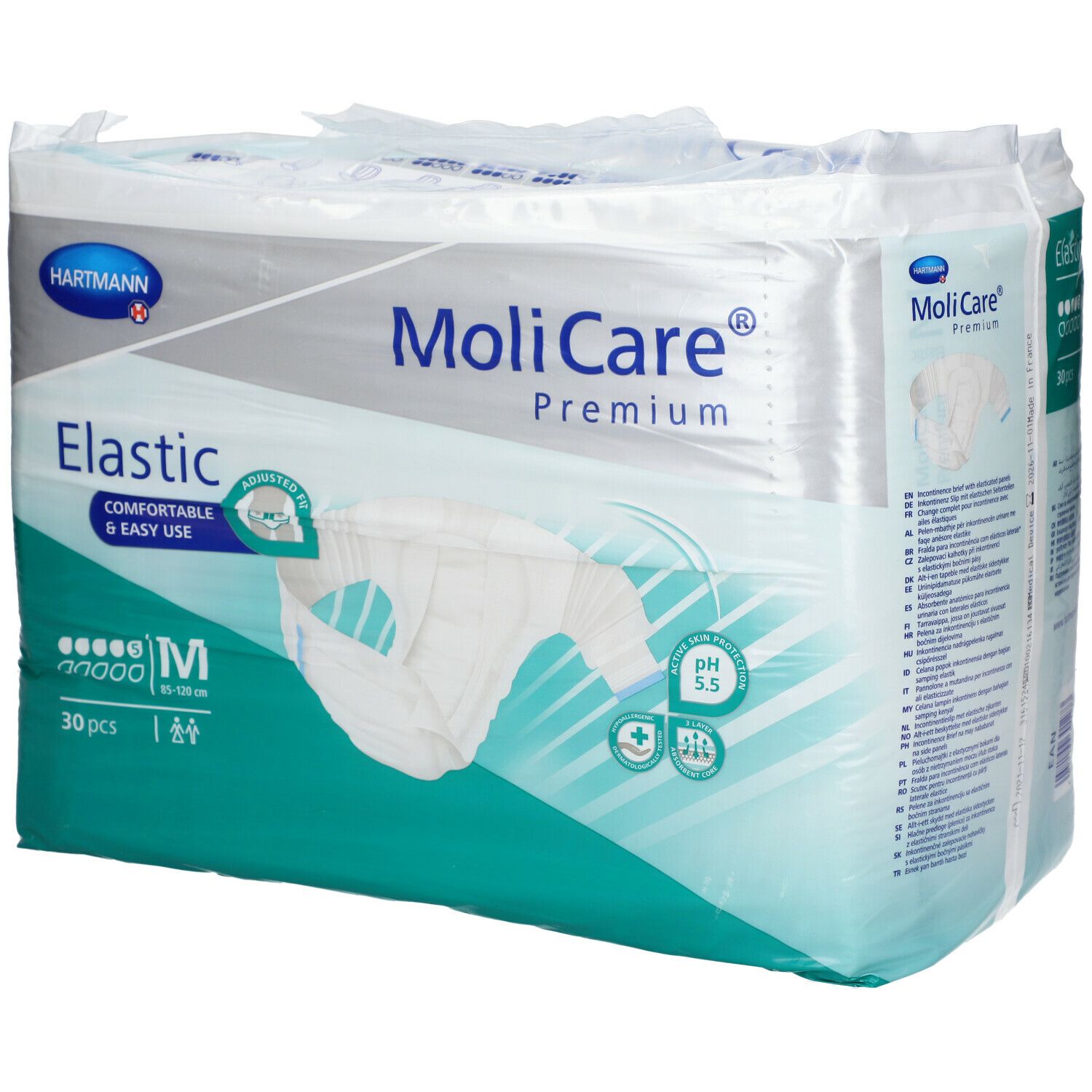 Paquet de MoliCare Premium Elastic, taille M, 30 pièces. Marque Hartmann. Inscription : Elastic, pH 5,5.