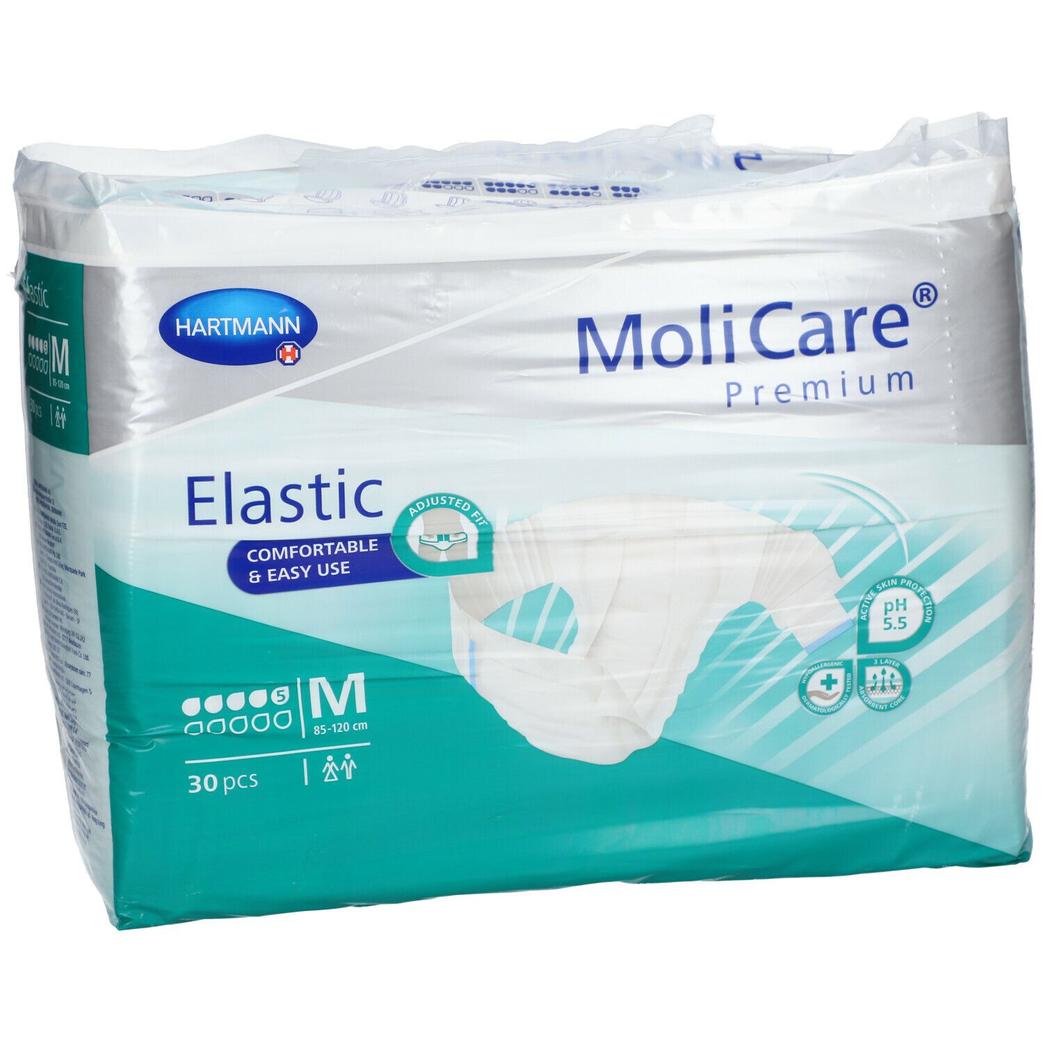 Paquet de MoliCare Premium Elastic, taille M, 30 pièces. Marque Hartmann. Inscription : Elastic, pH 5,5.