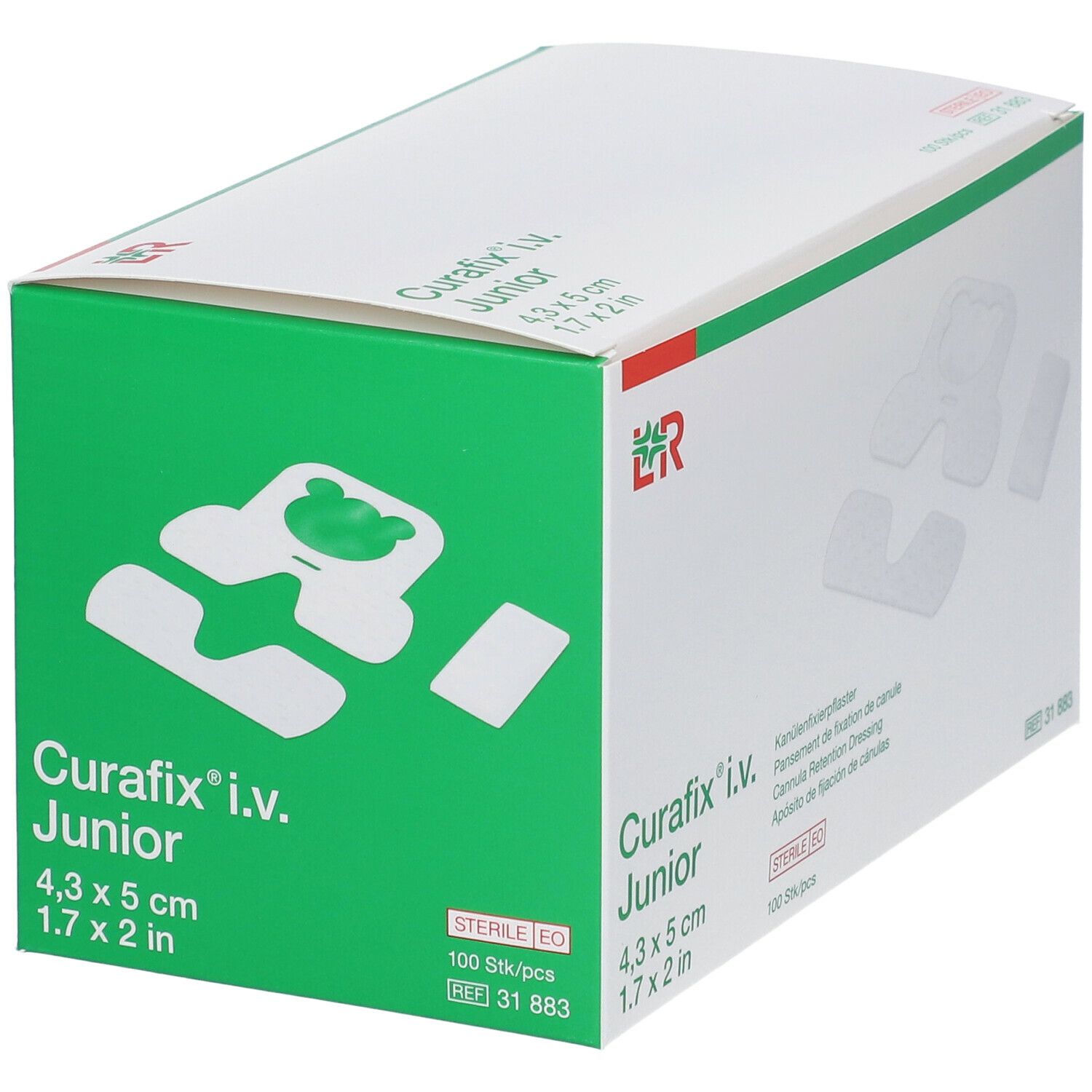 Boîte Curafix i.v. Junior, vert et blanc. Pansements de fixation de canule. Dimensions : 4,3 x 5 cm. Stérile EO. 100 pièces.