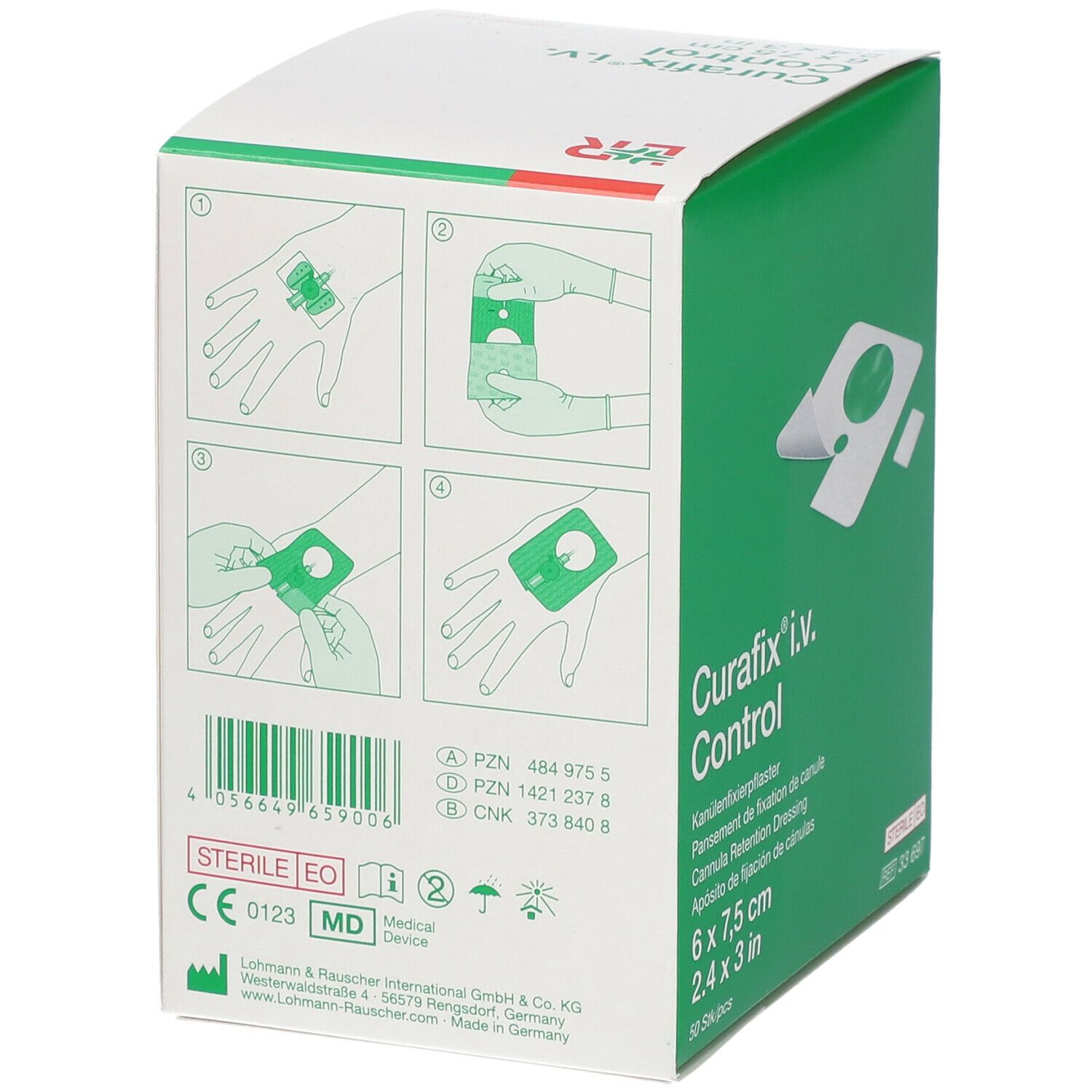 Dos de la boîte Curafix i.v. Control. Informations produit et exemples d'utilisation. Emballage stérile.