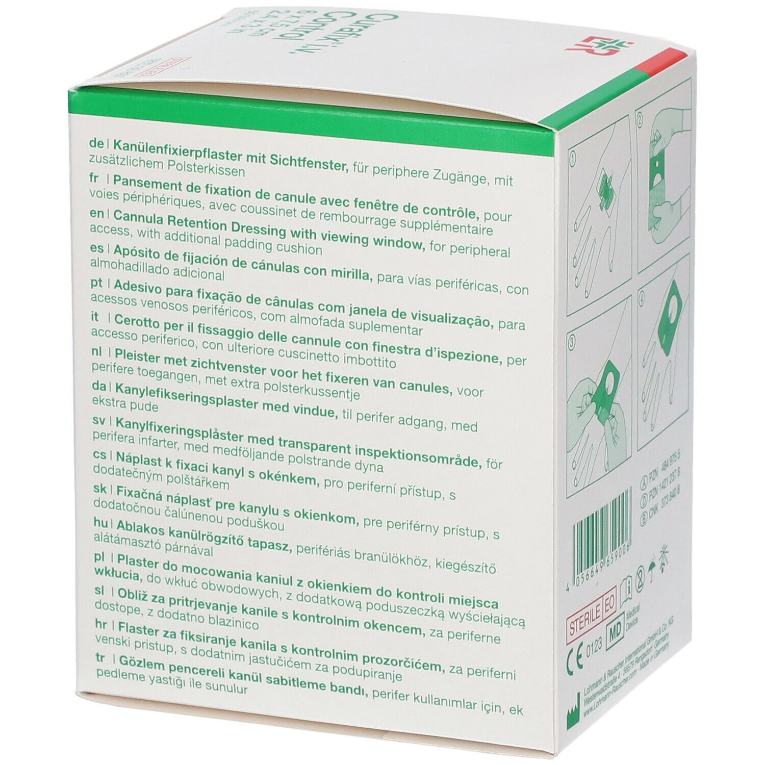 Côté de la boîte Curafix i.v. Control. Informations produit en plusieurs langues. Emballage stérile.