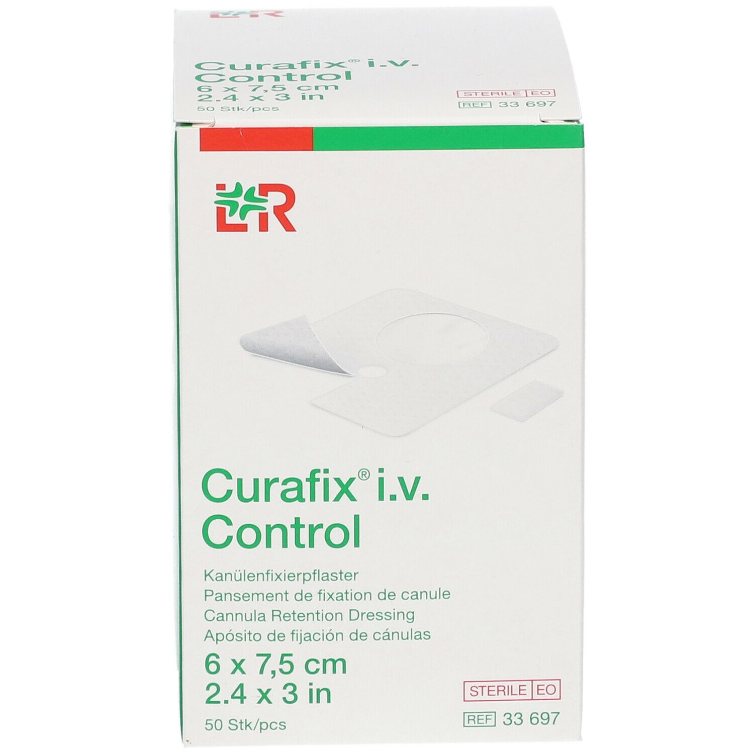 Boîte Curafix i.v. Control, 6 x 7,5 cm. Pansement de fixation de canule. Emballage stérile. Contient pansements et fixation.