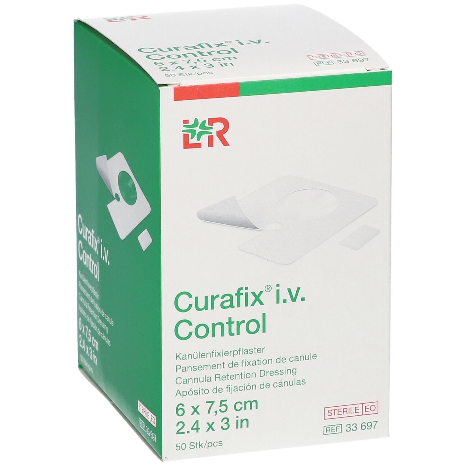 Boîte Curafix i.v. Control, 6 x 7,5 cm. Pansement de fixation de canule. Emballage stérile. Contient pansements et fixation.
