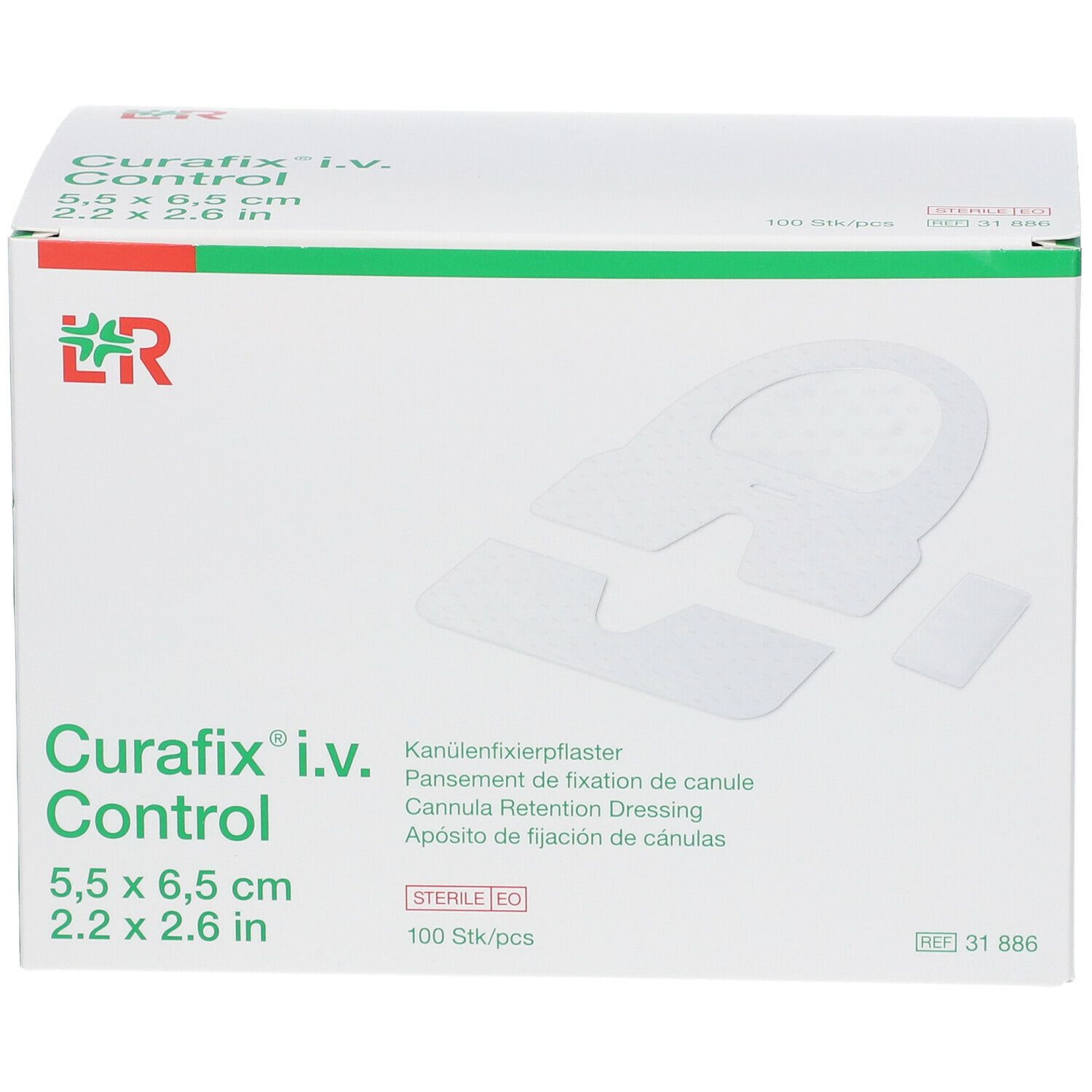 Boîte de Curafix i.v. Control, 5,5 x 6,5 cm. Contient 100 pièces. Emballage stérile. Logo du fabricant.