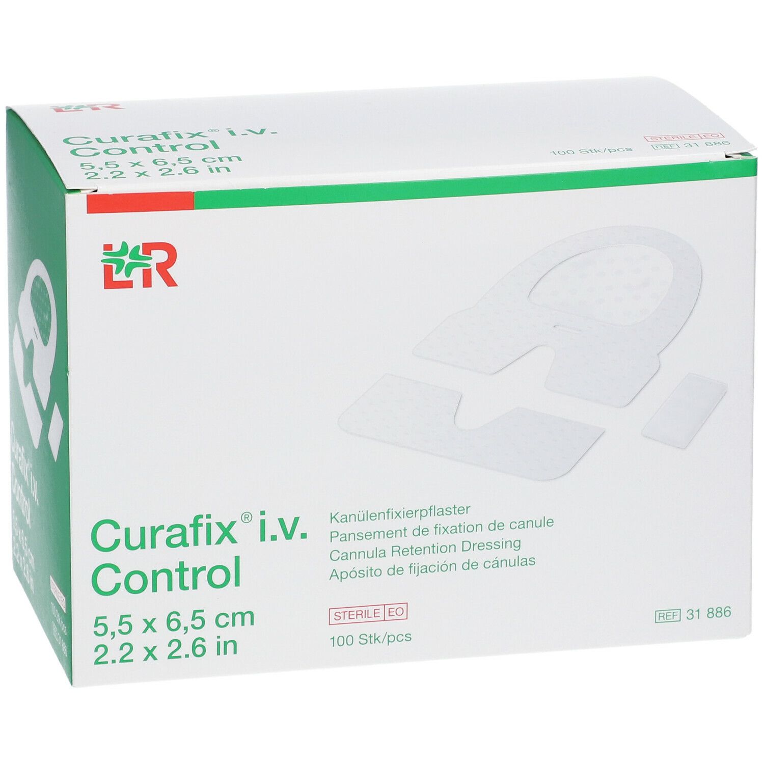 Boîte de Curafix i.v. Control, 5,5 x 6,5 cm. Contient 100 pièces. Emballage stérile. Logo du fabricant.