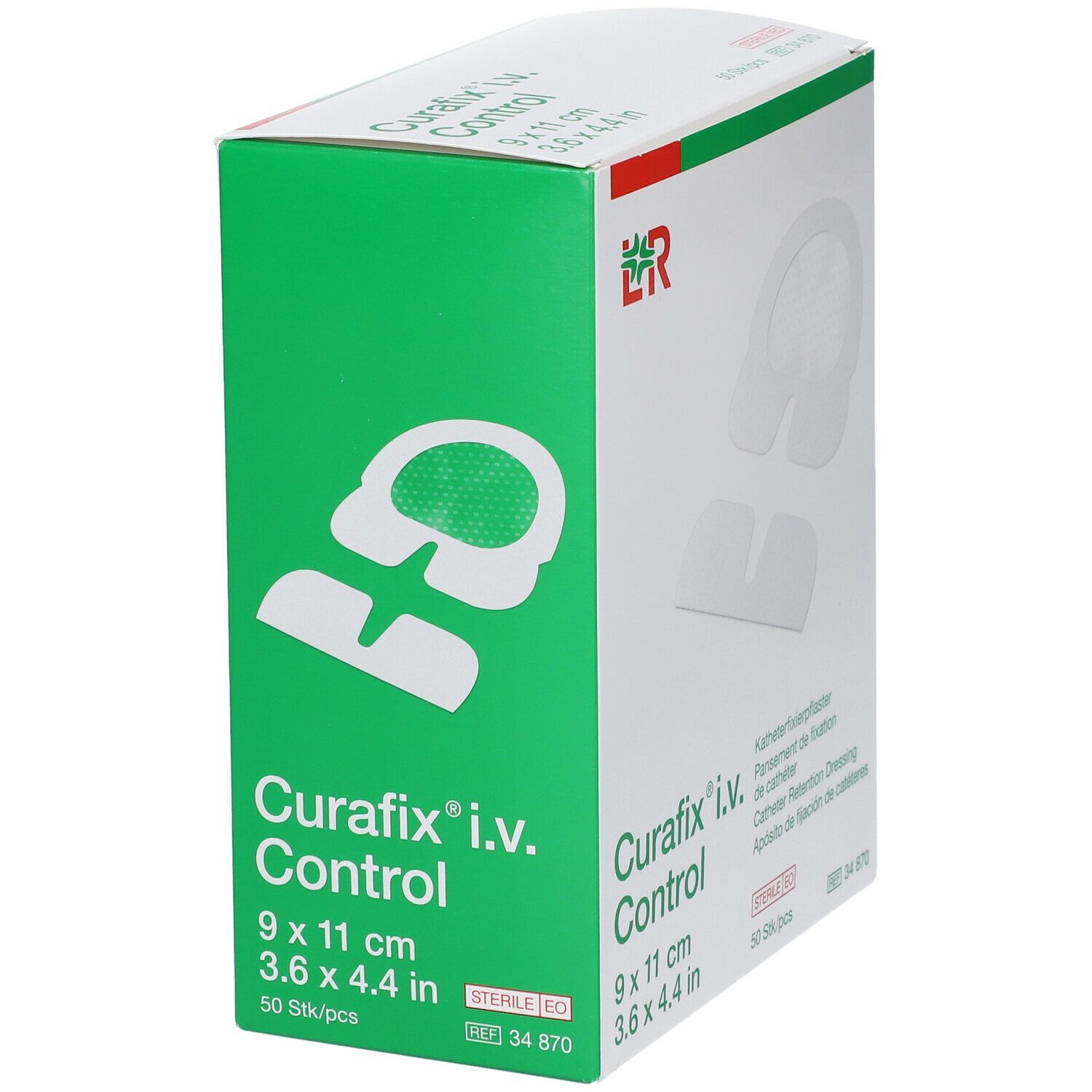 Doos Curafix i.v. Control, 9x11cm. Katheterpleister. 50 stuks. Groen-witte verpakking.