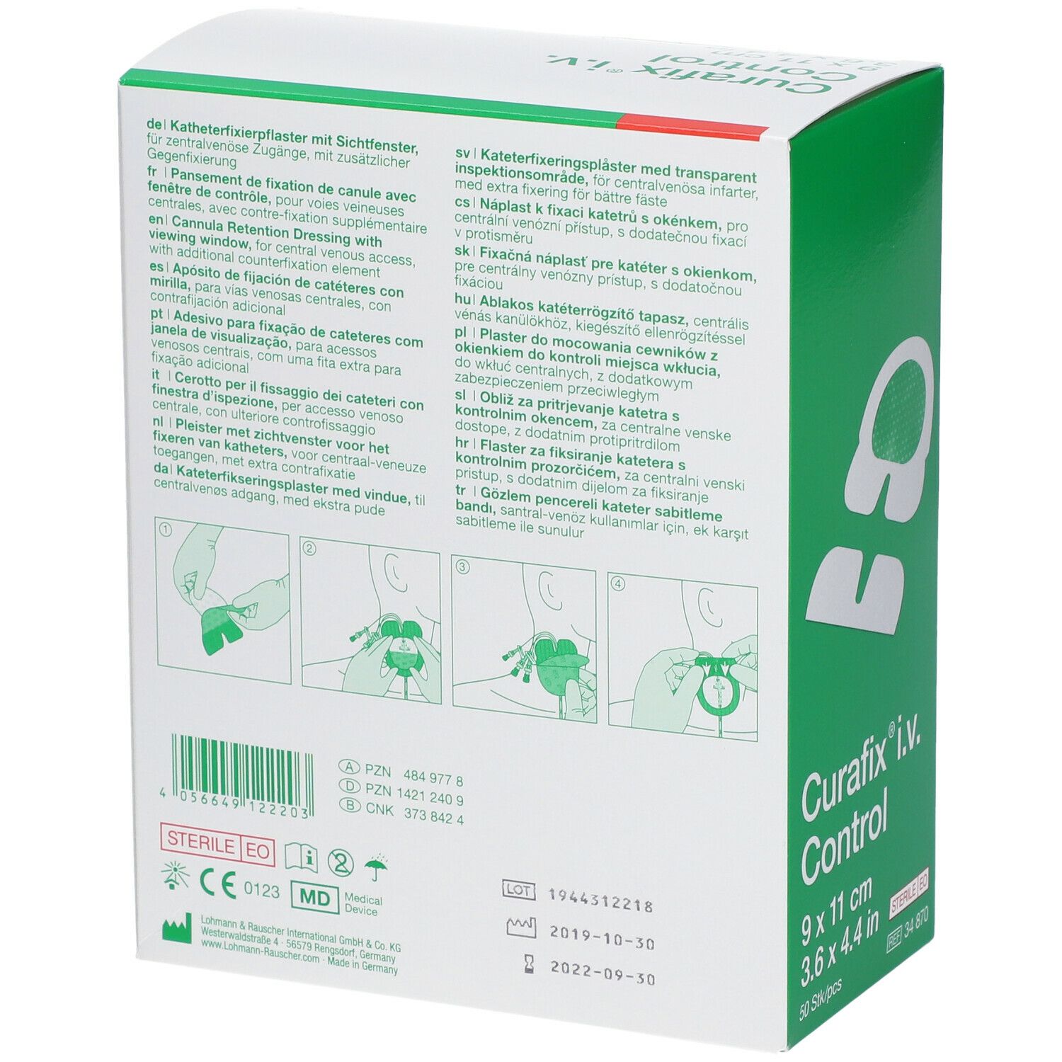 Achterkant verpakking Curafix i.v. Control. Productinfo, voorbeelden, certificeringen.