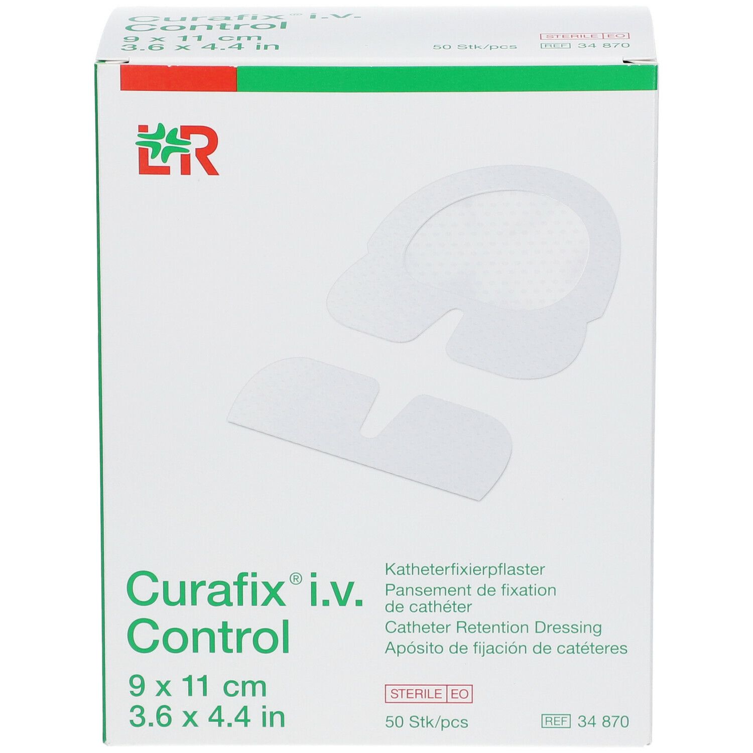 Doos Curafix i.v. Control, 9x11cm. Katheterpleister. 50 stuks. Product en pleister.