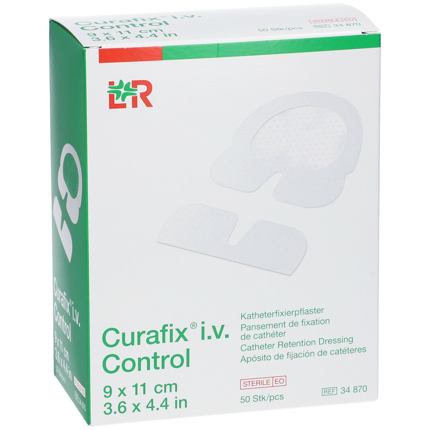 Doos Curafix i.v. Control, 9x11cm. Katheterpleister. 50 stuks. Logo en productnaam.