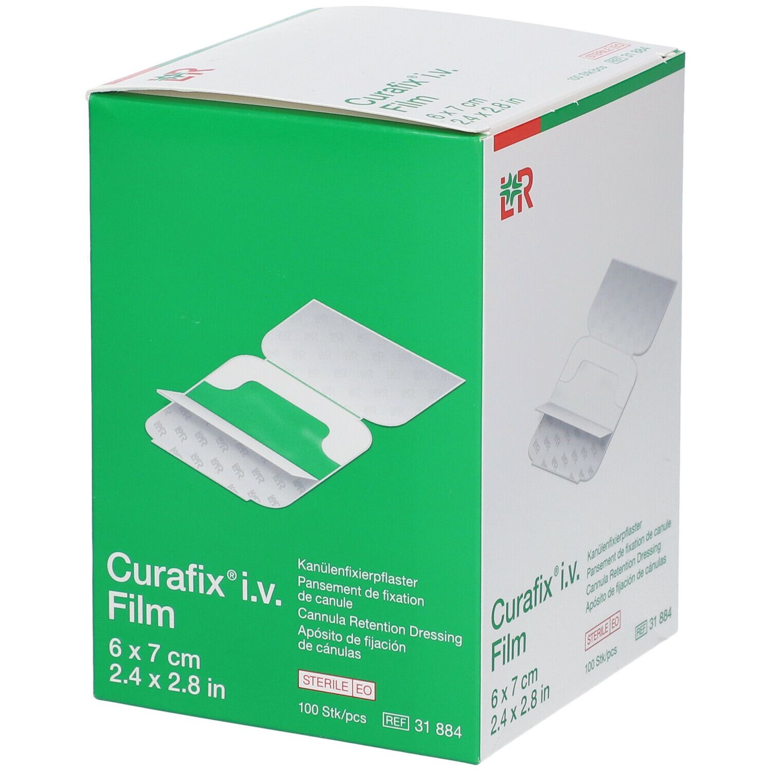 Groene doos Curafix i.v. Film 6x7cm. Canule fixatieverband. Illustratie van het product. Bevat 100 stuks.