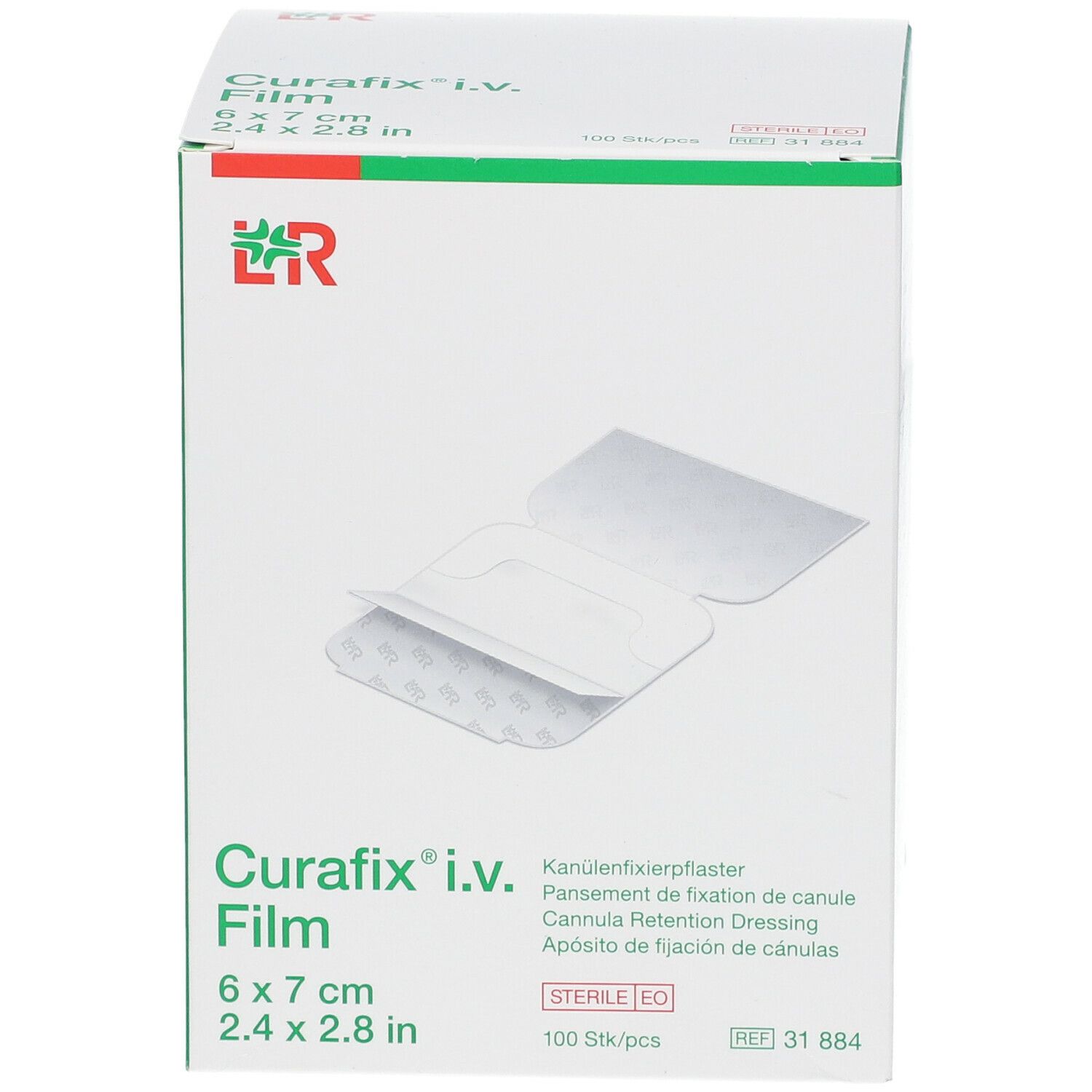 Doos Curafix i.v. Film 6x7cm. Canule fixatieverband. Witte verpakking met groene accenten. 100 stuks.