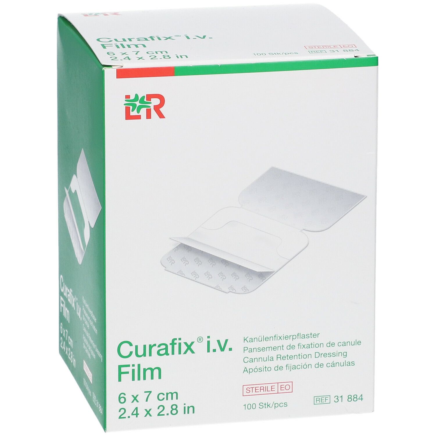 Doos Curafix i.v. Film 6x7cm. Canule fixatieverband. Witte verpakking met groene accenten. 100 stuks.