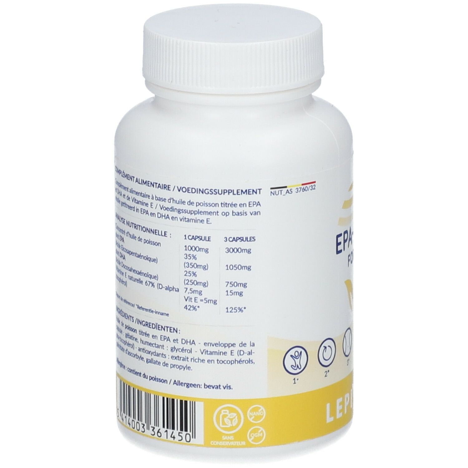 Witte fles met geel etiket. Opschrift: EPA/DHA Forte. Voedingswaarde en ingrediënten staan op het etiket.