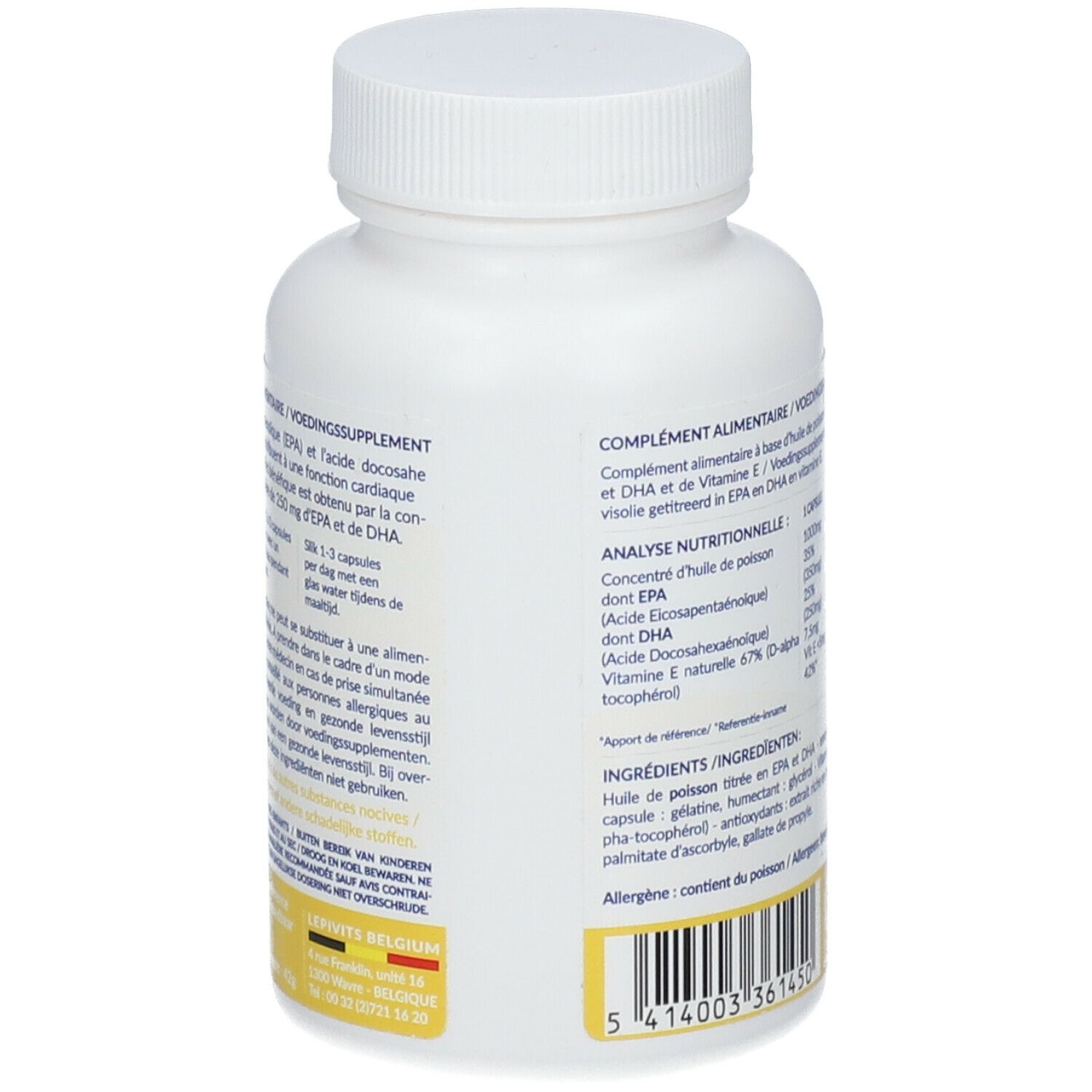 Achterkant van een witte fles met geel etiket. Tekst: Voedingssupplement. Ingrediënten en voedingswaarde vermeld.