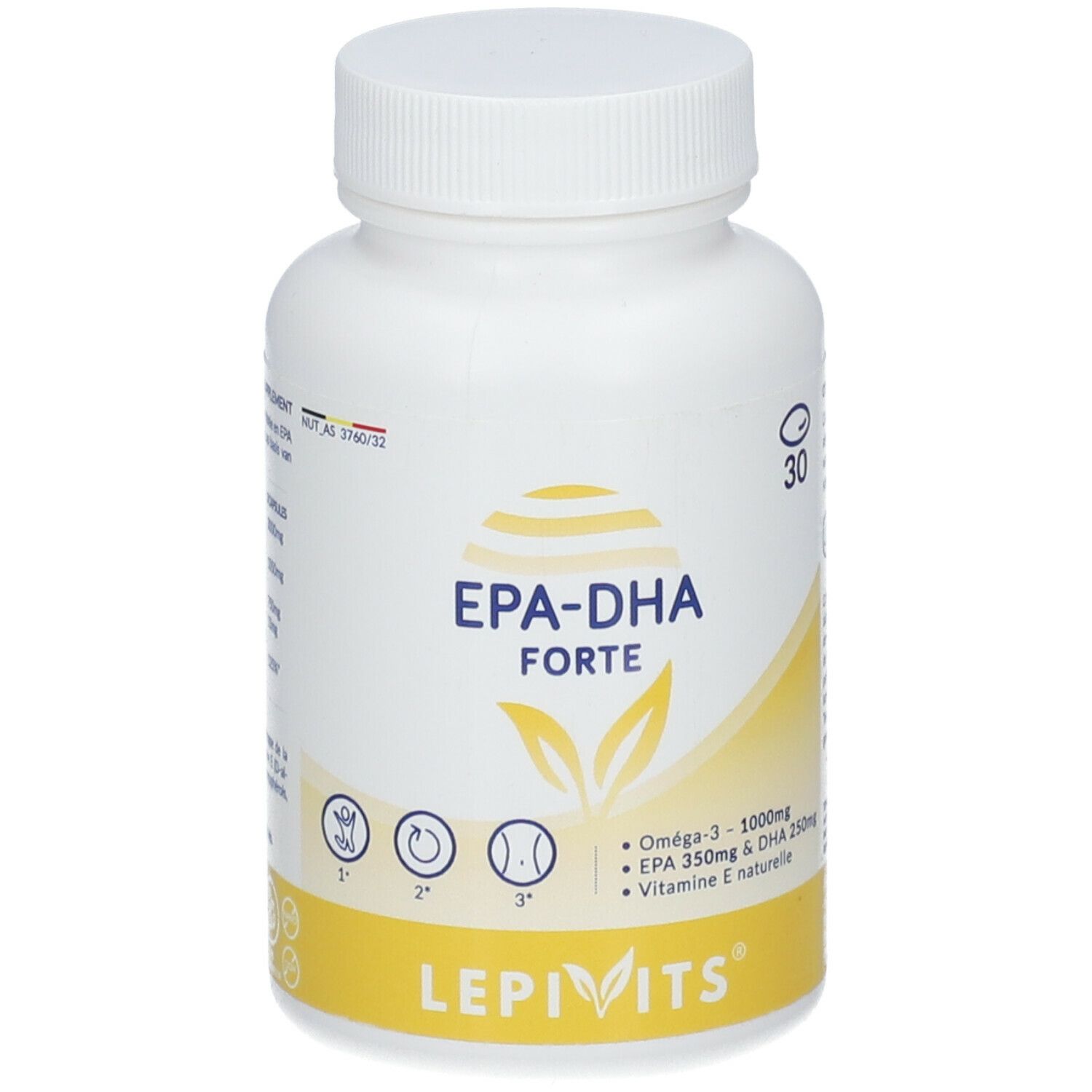 Witte fles met geel etiket. Opschrift: EPA-DHA Forte. Bevat Omega-3, EPA, DHA en vitamine E. 30 capsules.