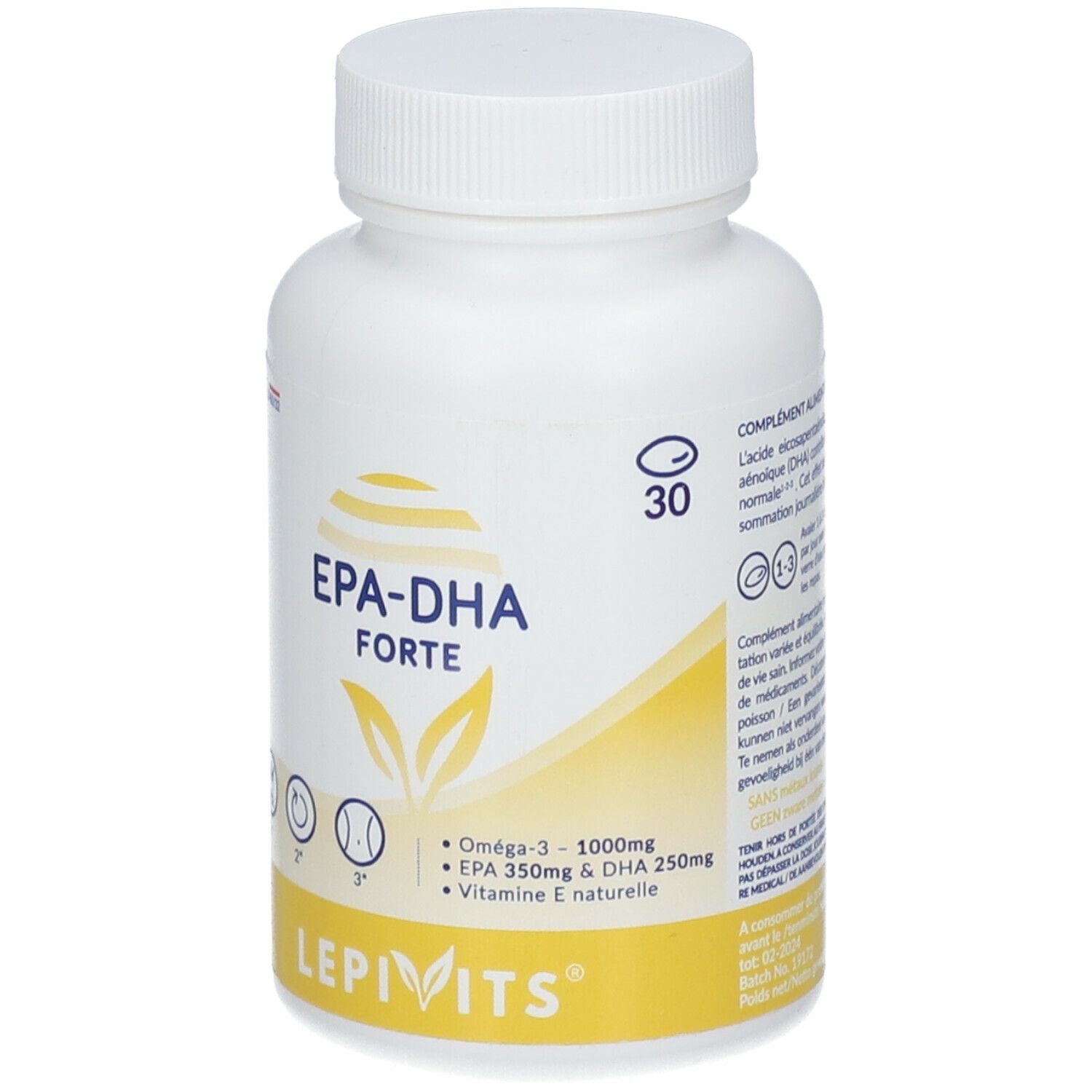 Witte fles met geel etiket. Opschrift: EPA-DHA Forte. Bevat Omega-3, EPA, DHA en vitamine E. 30 capsules.