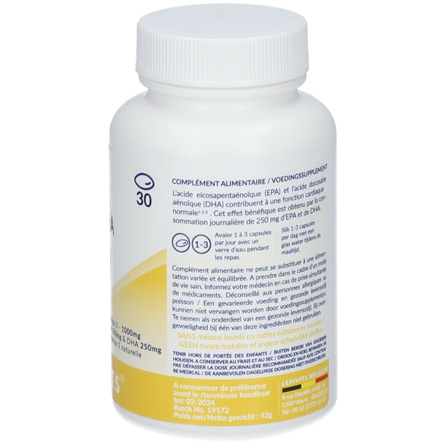 Achterkant van een witte fles met geel etiket. Tekst: Voedingssupplement. Bevat EPA en DHA. 30 capsules. Fabrikantinformatie.