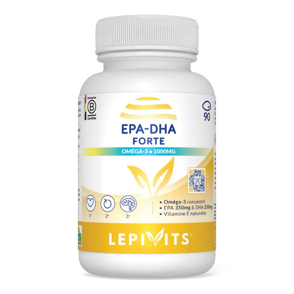 Vooraanzicht van de witte fles. EPA-DHA Forte, Lepivits. Bevat Omega-3, EPA, DHA en vitamine E.