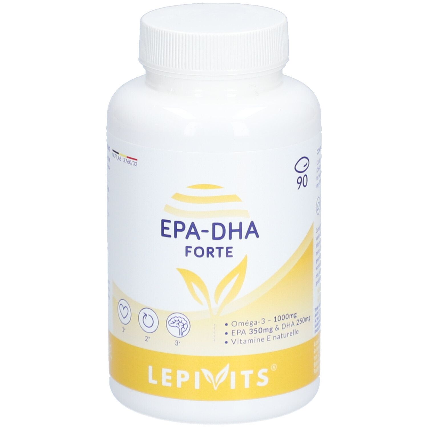 Witte fles met capsules. Opschrift EPA-DHA Forte, Lepivits. Bevat Omega-3, EPA, DHA en vitamine E.