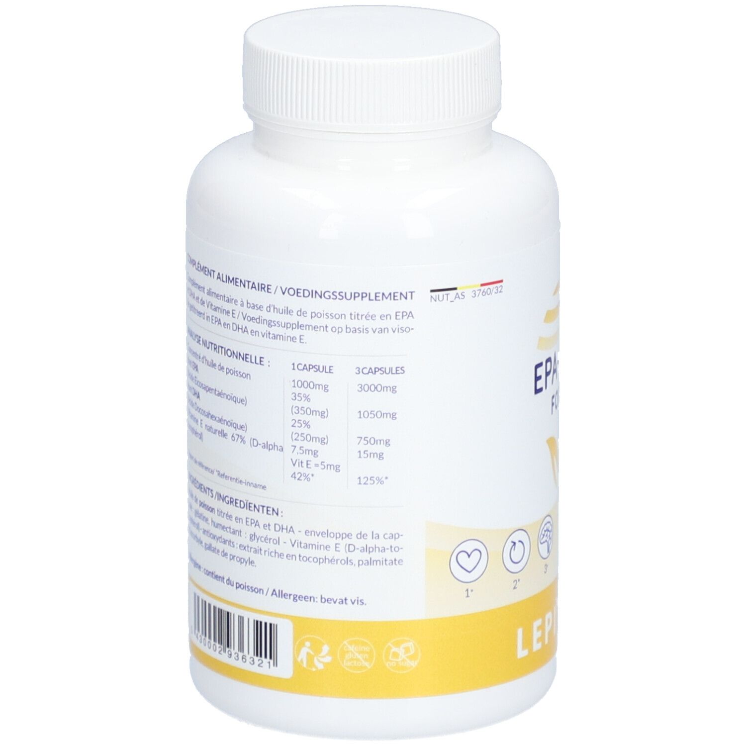 Achterkant van de witte fles. Informatie over ingrediënten en voedingswaarden.