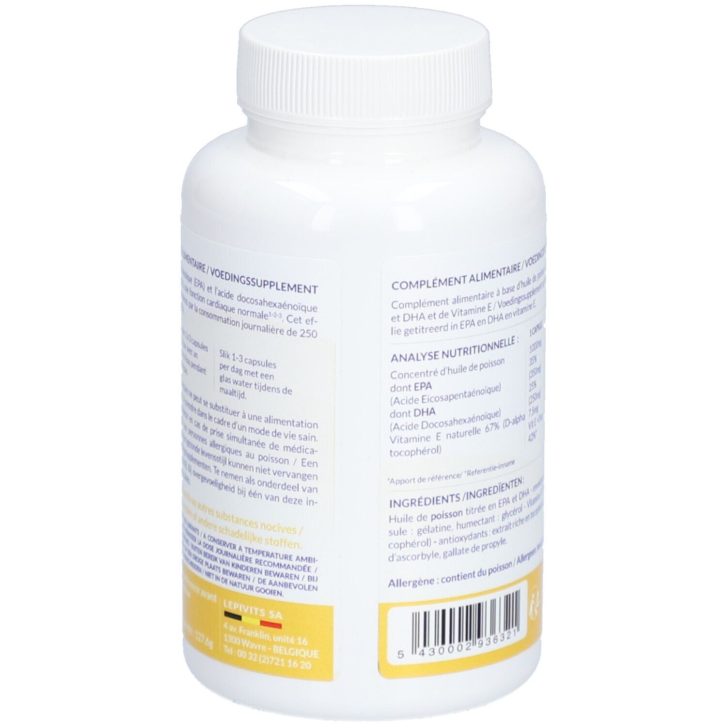 Achterkant van de witte fles. Informatie over ingrediënten en voedingswaarden.
