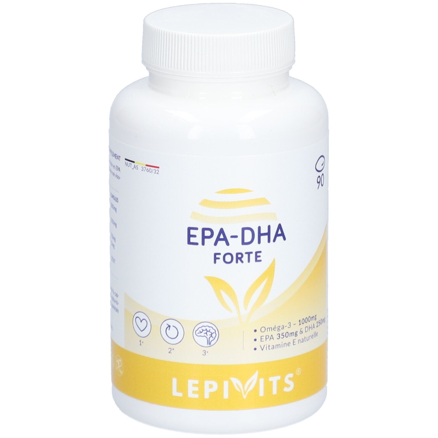 Witte fles met capsules. Opschrift EPA-DHA Forte, Lepivits. Bevat Omega-3, EPA, DHA en vitamine E.