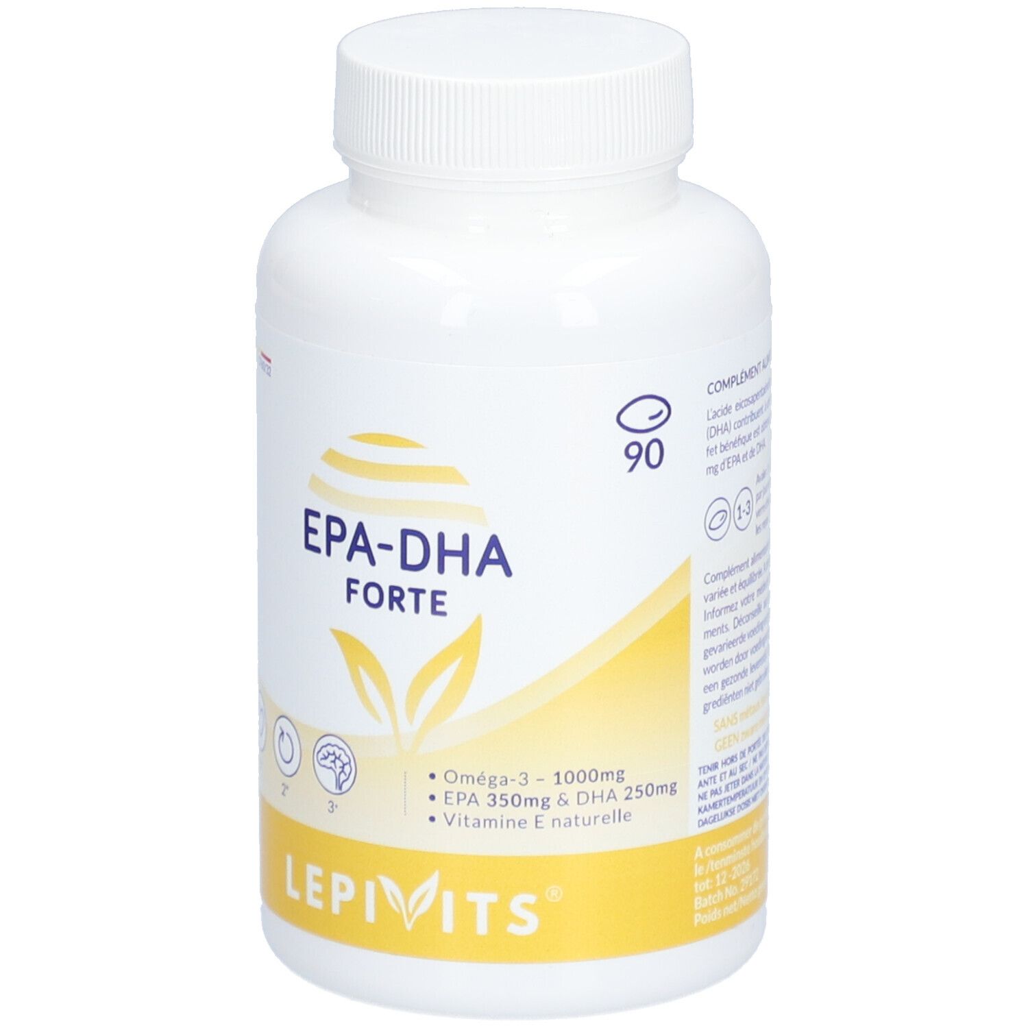 Witte fles met capsules. Opschrift EPA-DHA Forte, Lepivits. Bevat Omega-3, EPA, DHA en vitamine E. 90 capsules.