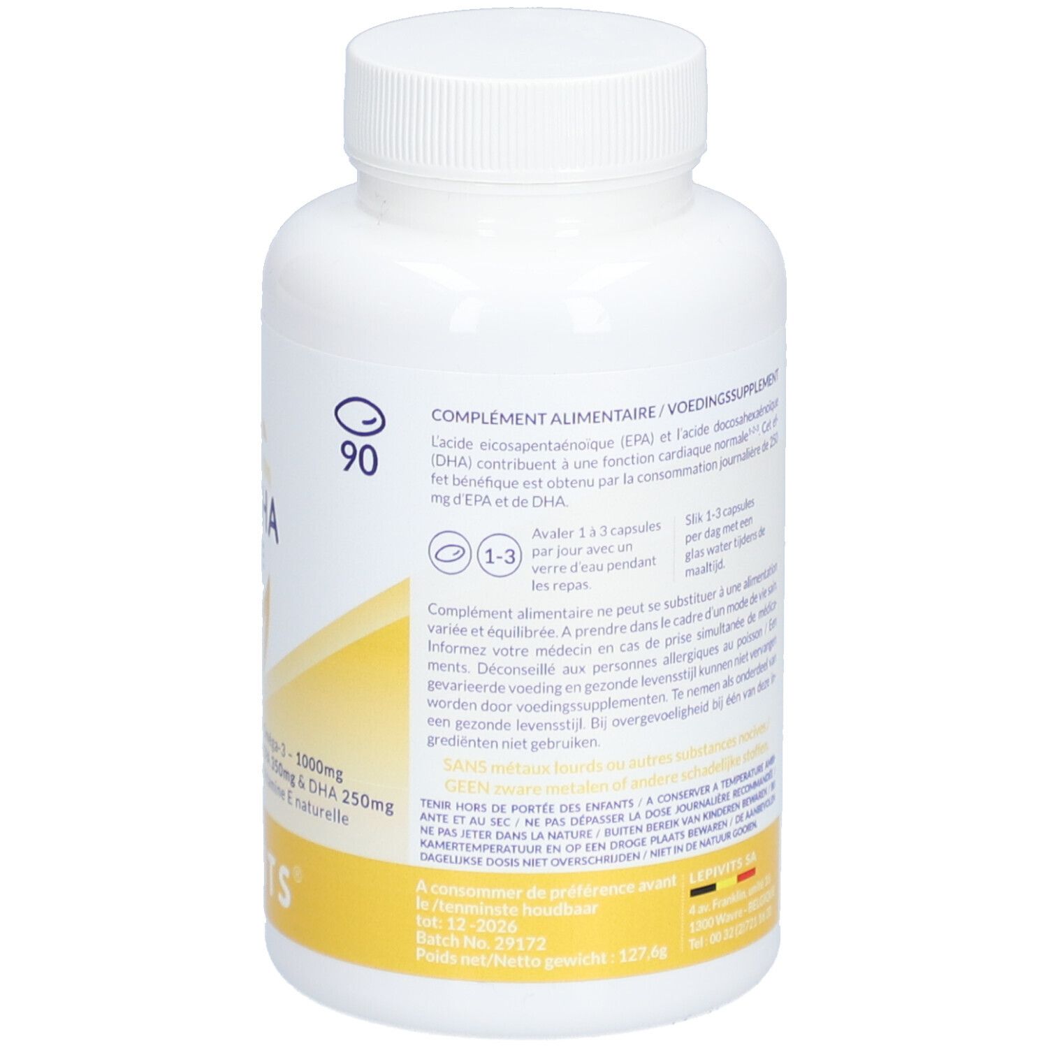 Achterkant van de witte fles. Informatie over ingrediënten en voedingswaarden. 90 capsules.