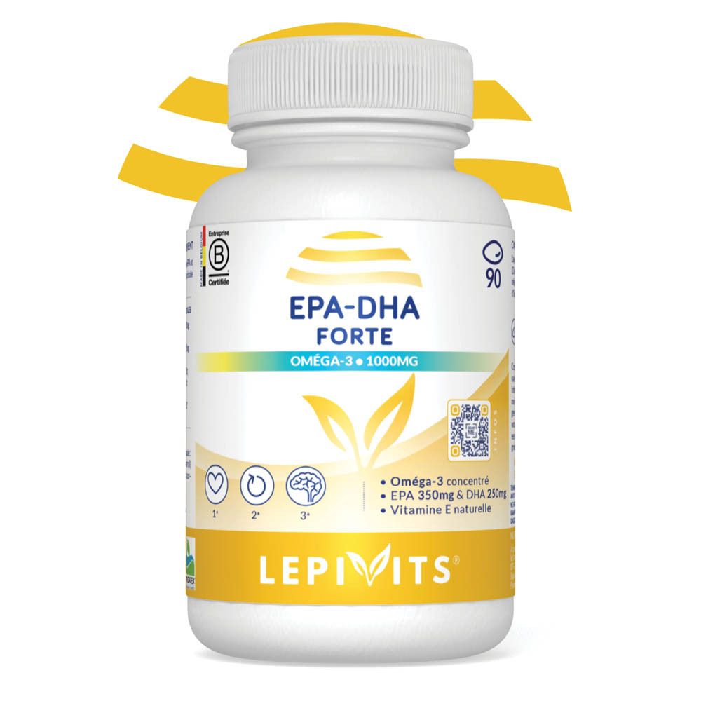 Vooraanzicht van de witte fles. EPA-DHA Forte, Lepivits. Bevat Omega-3, EPA, DHA en vitamine E.