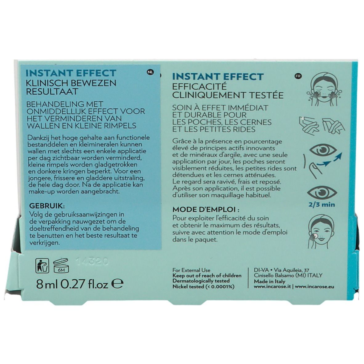 Rückseite der Verpackung von INCAROSE My Eyes. Text: Instant Effect, Clinically Tested. Enthält Informationen zur Anwendung und Inhaltsstoffe.