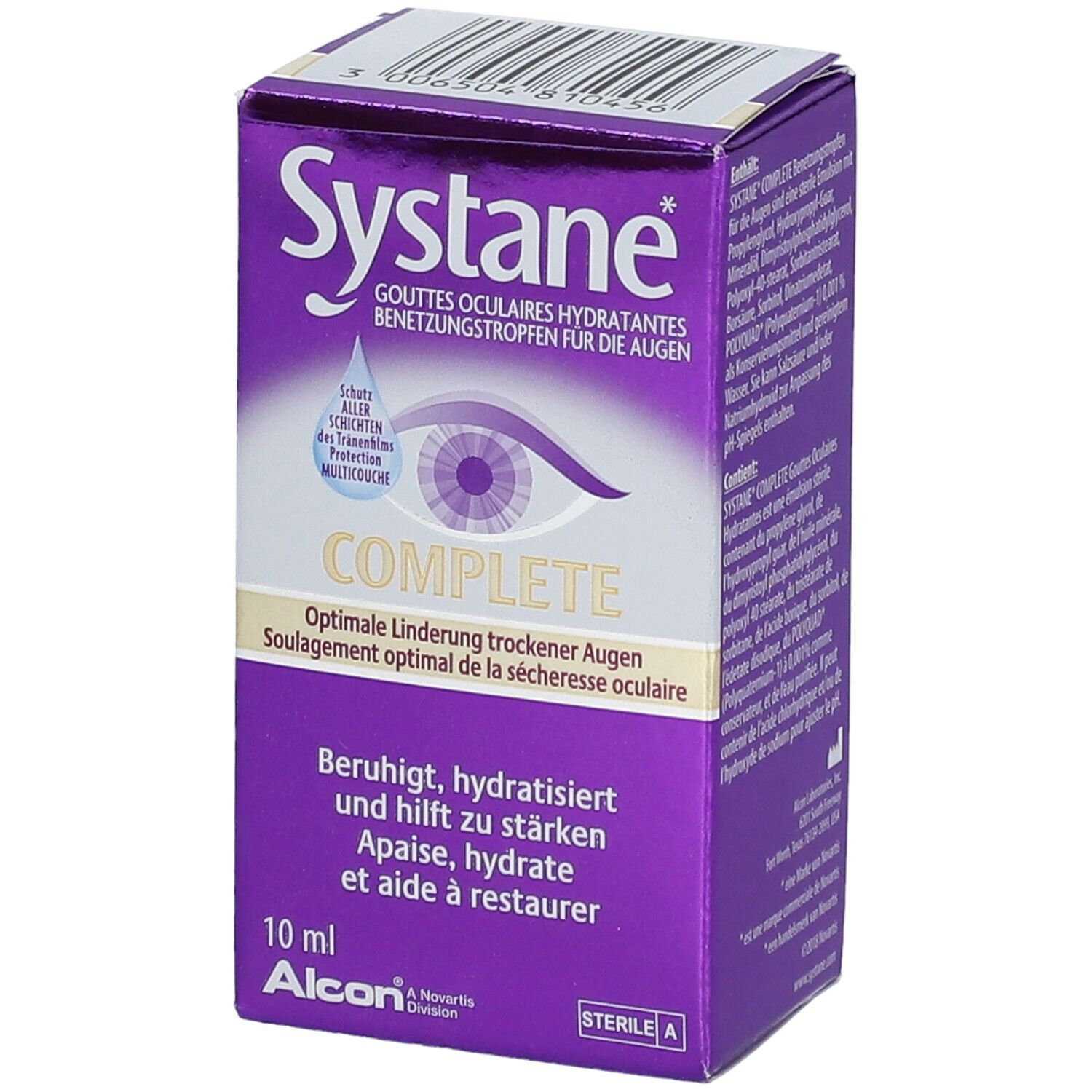 Paarse doos met Systane Complete. Opschrift: oogdruppels, Complete, 10 ml, Alcon.
