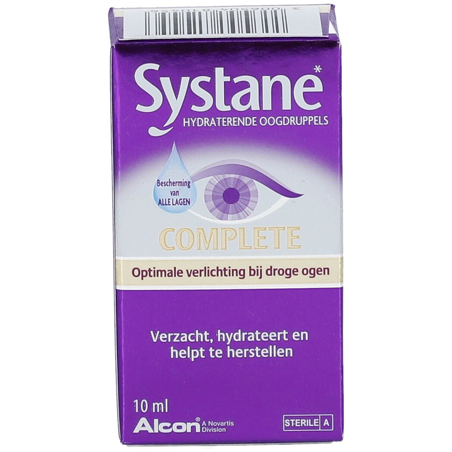 Paarse doos met Systane Complete. Opschrift: hydraterende oogdruppels, Complete, 10 ml, Alcon.